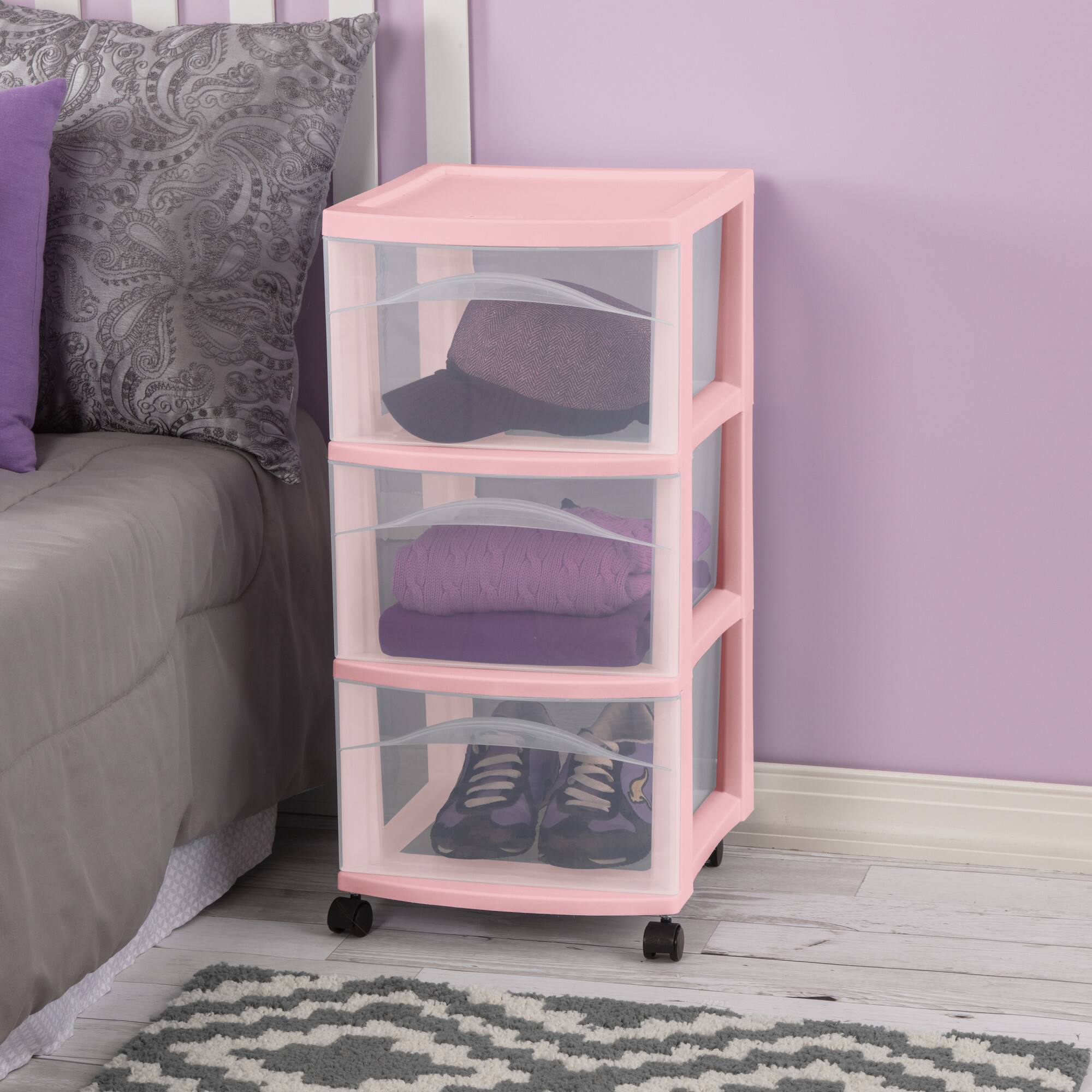 Alt View 3. Sterilite - Sterilite 3 Drawer Storage Cart Plastic Rolling Organization, Pink Frost, 2 Pack - Pink.