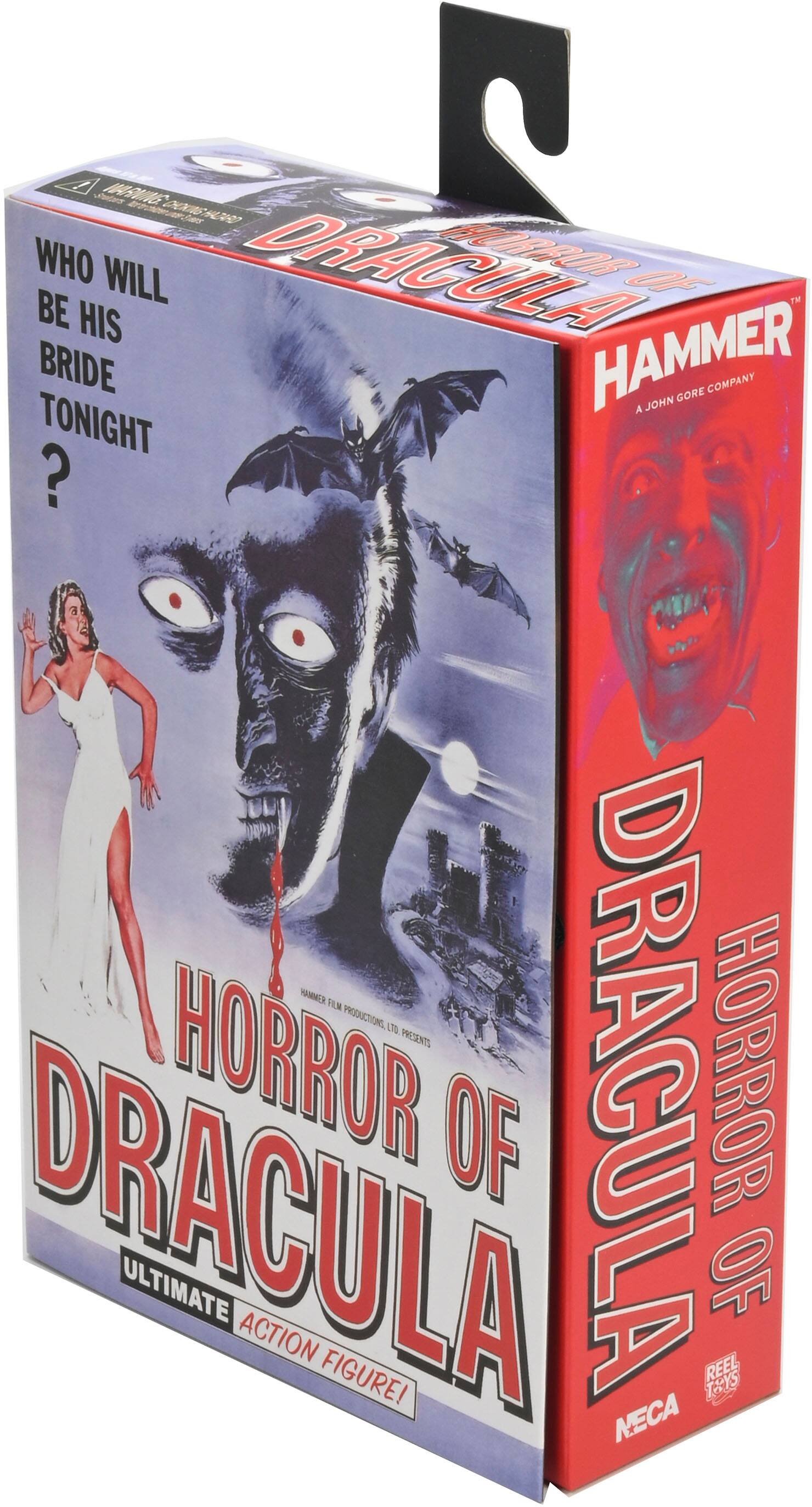 T HAMMER n DGHA20R LWS  HURROR OF DRACULA WHO WILL DRAGULA BE HIS BRIDE TONIGHT ? HAMMER FILM PRODUCTIONS, 170 PRESENTS HORROR OF DRACULA HORROR OF DRACULA ULTIMATE ACTION FIGURE! NECA REEL TOYS OF A.