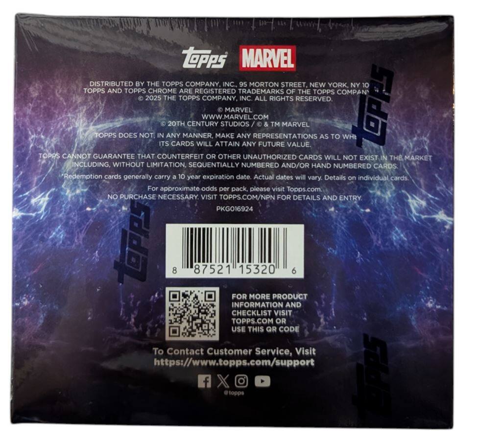 **Topps Marvel**

Distributed by The Topps Company, Inc., 95 Morton Street, New York, NY 10013. Topps and Topps Chrome are registered trademarks of The Topps Company, Inc. All rights reserved. Topps does not, in any manner, make any representations as to the future value of its cards. Topps cannot guarantee that counterfeit or other unauthorized cards will not exist in the market, including, without limitation, sequentially numbered and/or hand numbered cards. "Redemption cards generally carry a 10-year expiration date. Actual dates will vary. Details on individual cards. For approximate odds per pack, please visit Topps.com. No purchase necessary. Visit Topps.com/NPN for details and entry.

PKGO16924

8 87521 15320 6

For more product information and checklist, visit Topps.com or use this QR code.

To Contact Customer Service, Visit https://www.topps.com/support