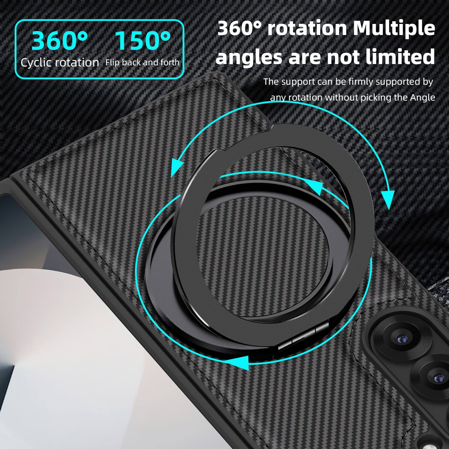 360° 150°  
Cyclic rotation Flip back and forth  
360° rotation Multiple angles are not limited  
The support can be firmly supported by any rotation without picking the Angle