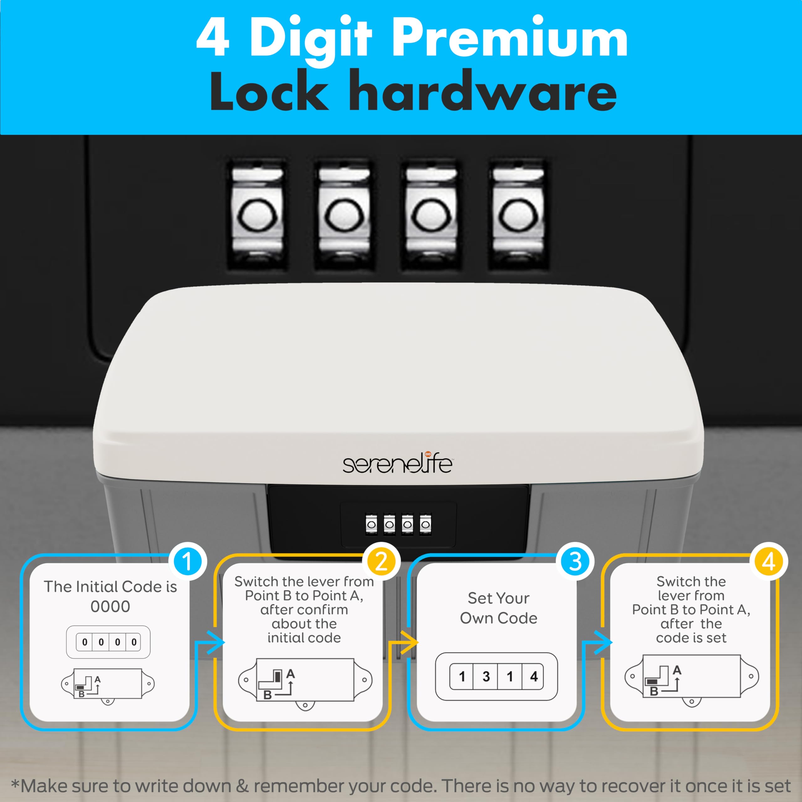 4 Digit Premium Lock hardware

1. The Initial Code is 0000
2. Switch the lever from Point B to Point A, after confirm about the initial code
3. Set Your Own Code
4. Switch the lever from Point B to Point A, after the code is set

*Make sure to write down & remember your code. There is no way to recover it once it is set