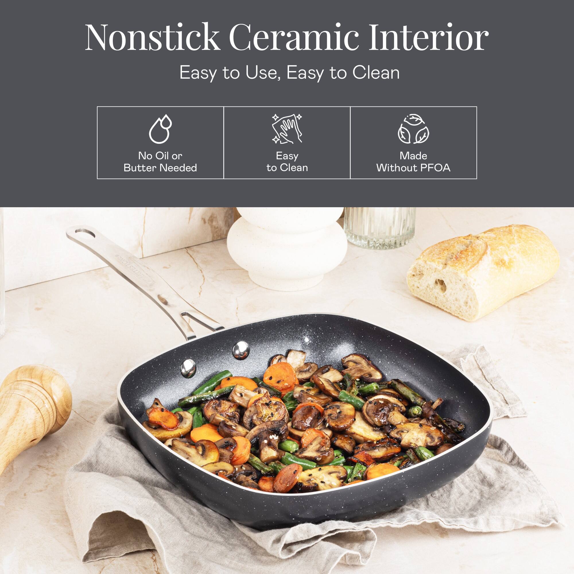 Nonstick Ceramic Interior
Easy to Use, Easy to Clean
No Oil or Butter Needed
Made Without PFOA