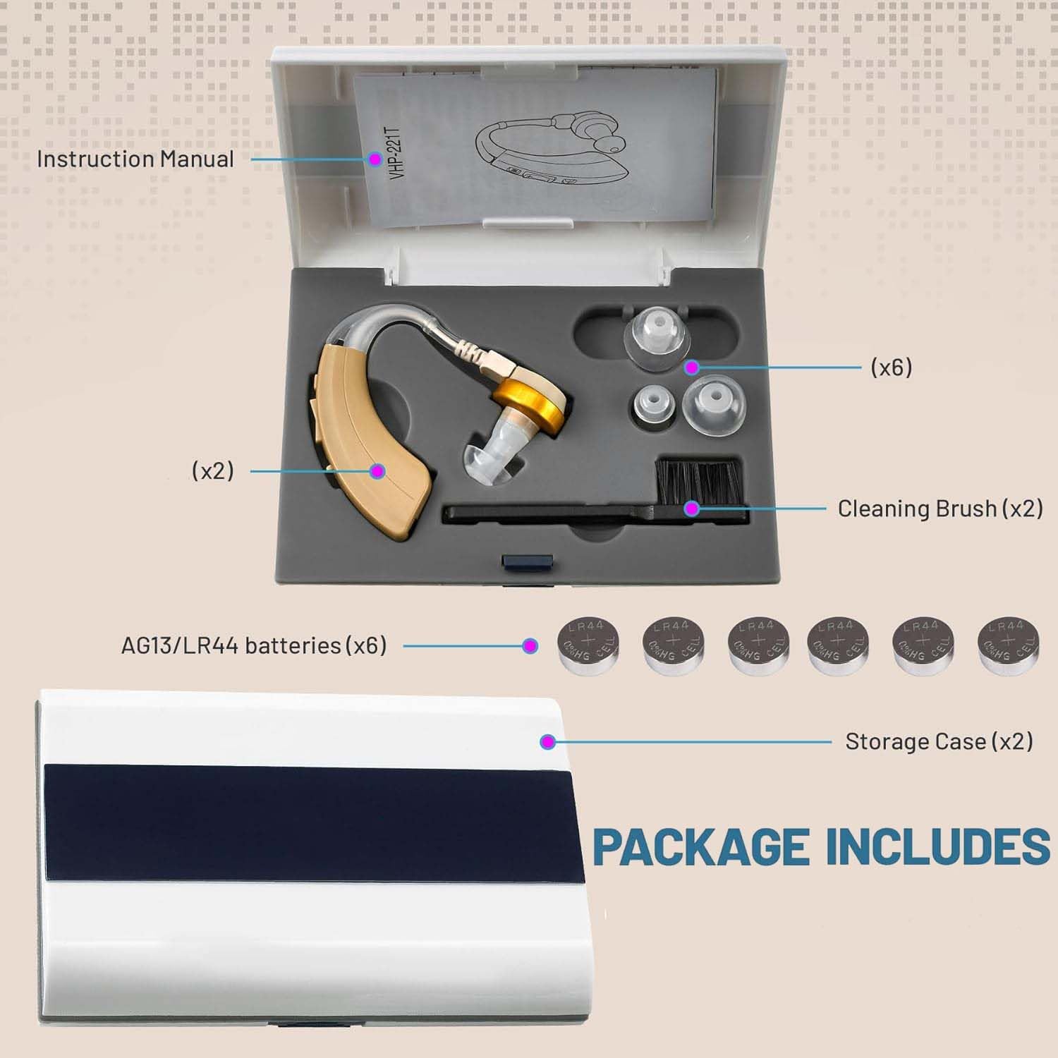 - Instruction Manual (x6)
- VHP-221T (x2)
- Cleaning Brush (x2)
- AG13/LR44 batteries (x6)
- Storage Case (x2)

PACKAGE INCLUDES
