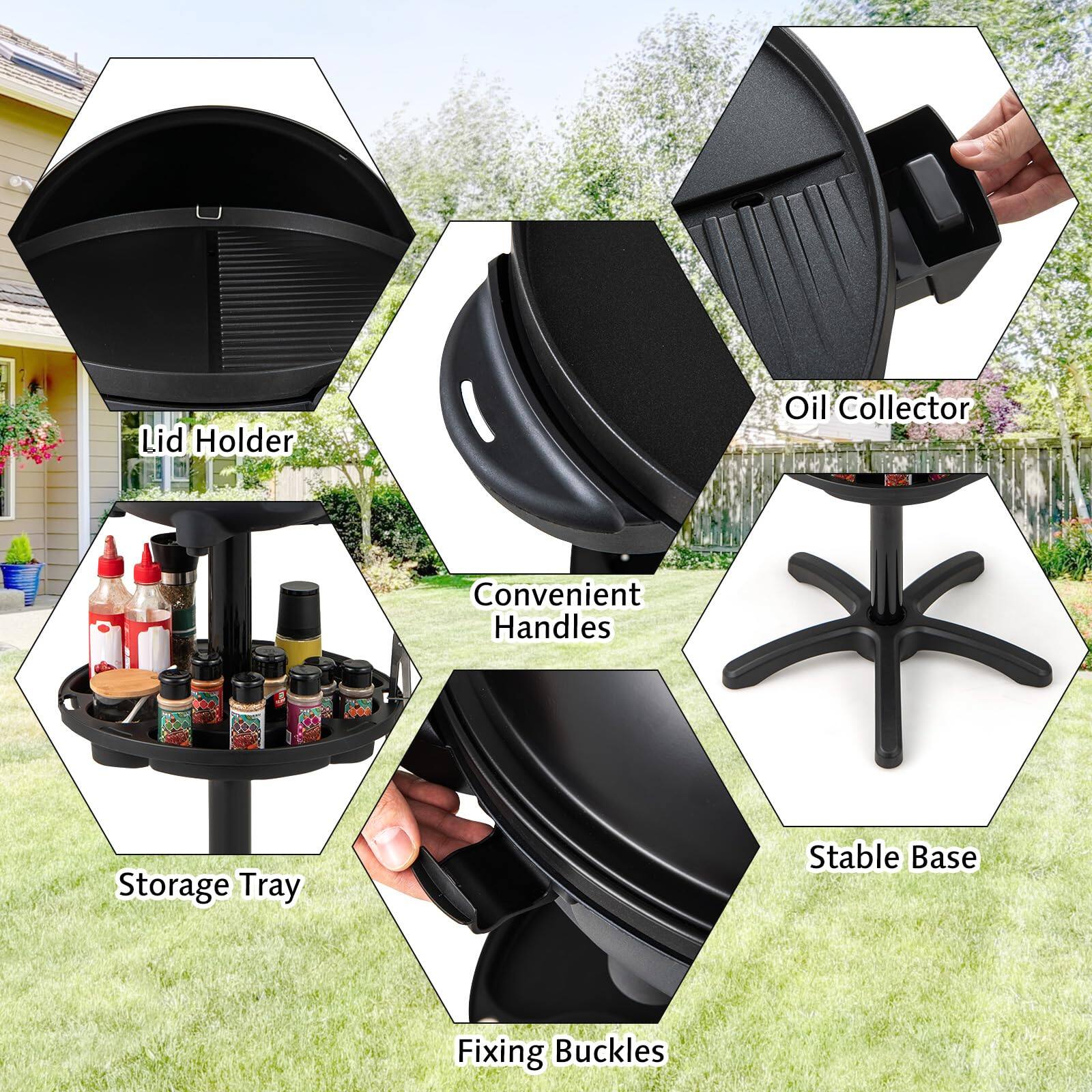 Lid Holder  
Oil Collector  
Convenient Handles  
Storage Tray  
Stable Base  
Fixing Buckles