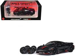 CM Models - McLaren 765LT Matt Black with Red Accents and Extra Wheels 1/64 Diecast Model Car by CM Model - Matt Black and Red