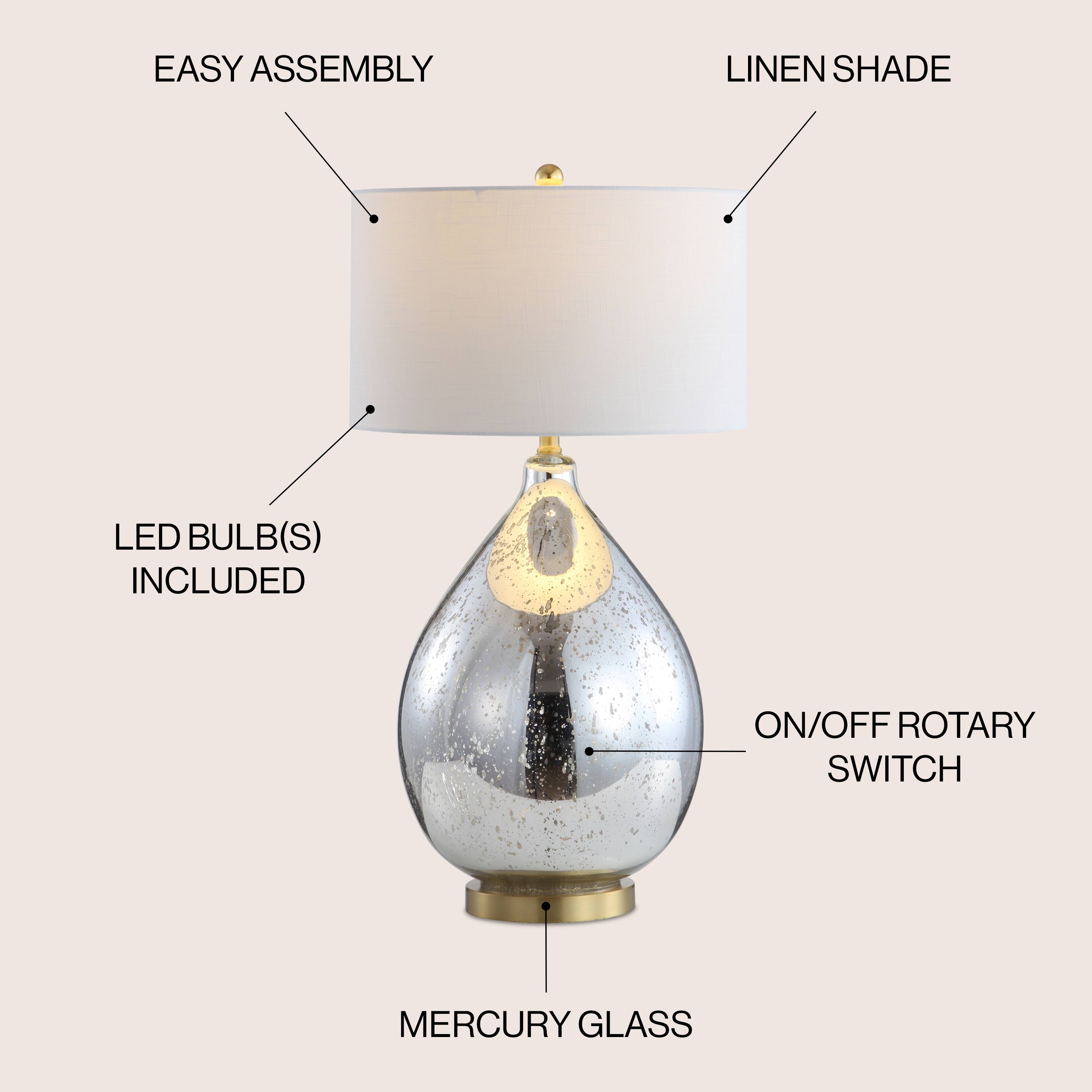 EASY ASSEMBLY  
LINEN SHADE  
LED BULB(S) INCLUDED  
ON/OFF ROTARY SWITCH  
MERCURY GLASS