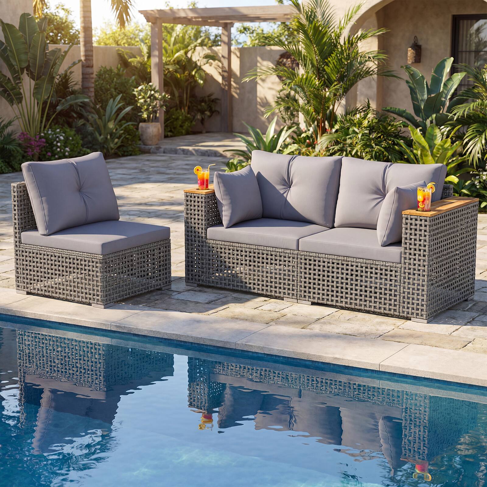 Alt View 2. Costway - Costway Patio Wicker Sectional Furniture Set, 3 Piece Outdoor Couch Set for Garden - Gray.