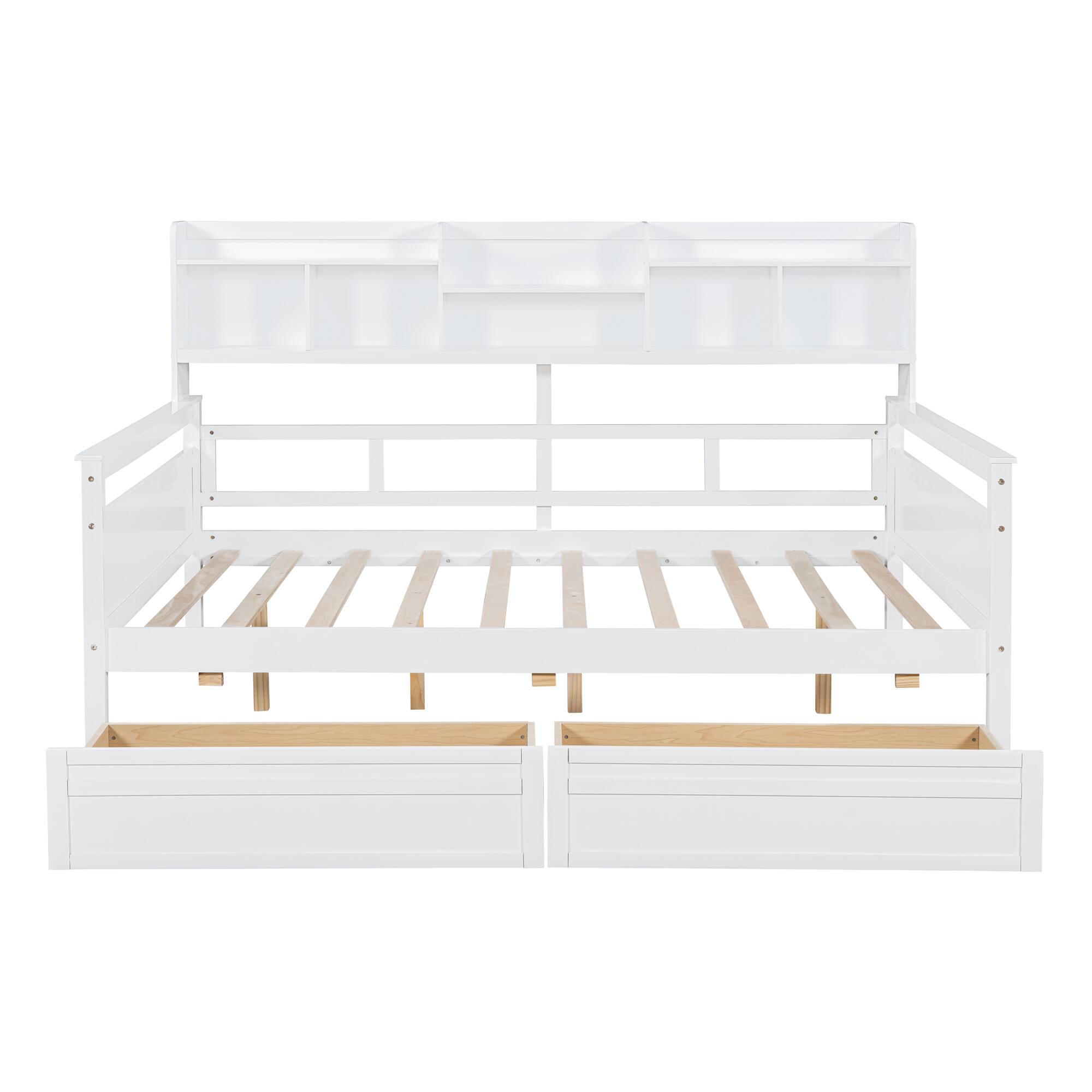 Alt View 2. Aukfa - Twin size Daybed, Wood Slat Support, with Bedside Shelves and Two Drawers - White.