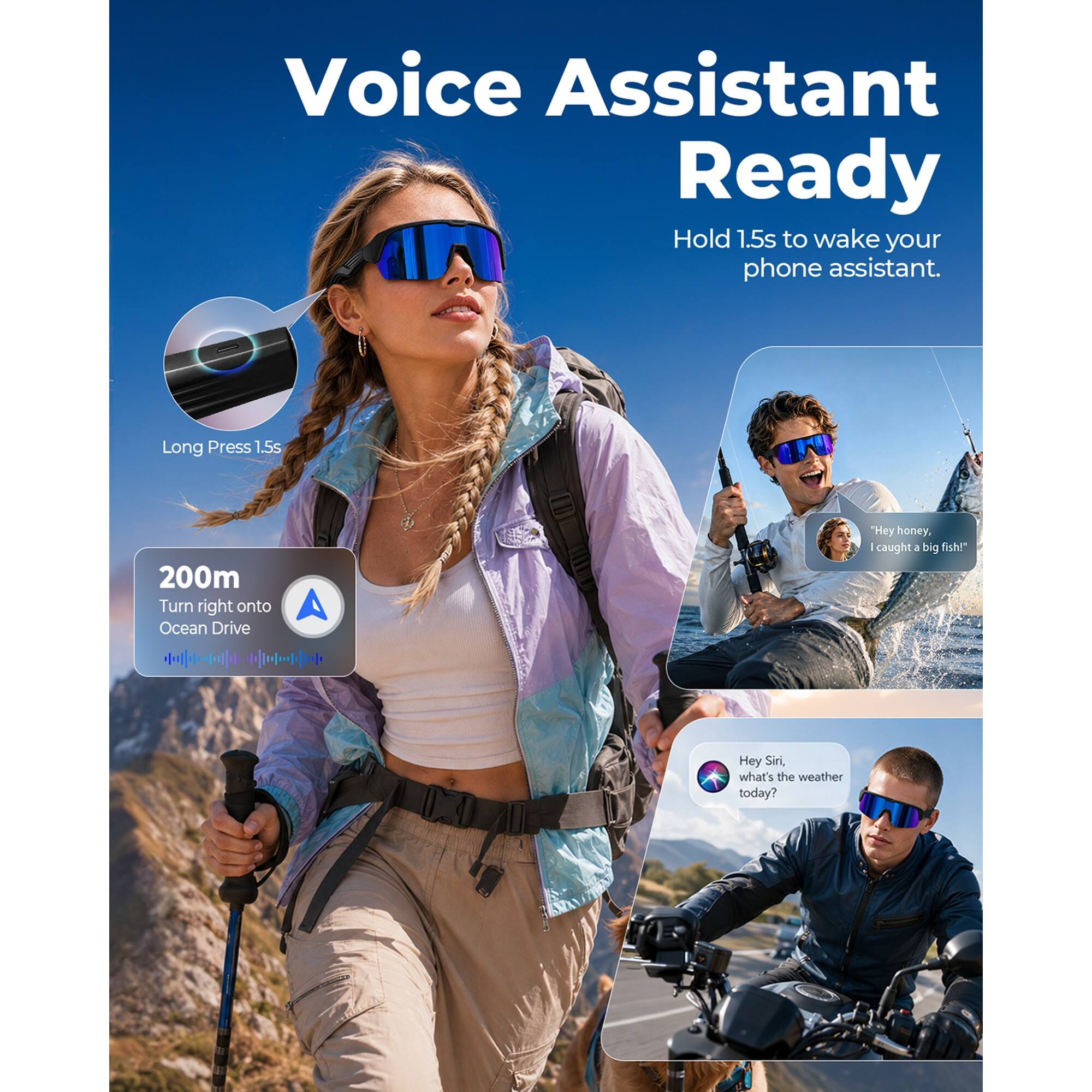 Voice Assistant Ready  
Hold 1.5s to wake your phone assistant.  
Long Press 1.5s  

200m  
Turn right onto Ocean Drive  

"Hey honey, I caught a big fish!"  

Hey Siri, what's the weather today?