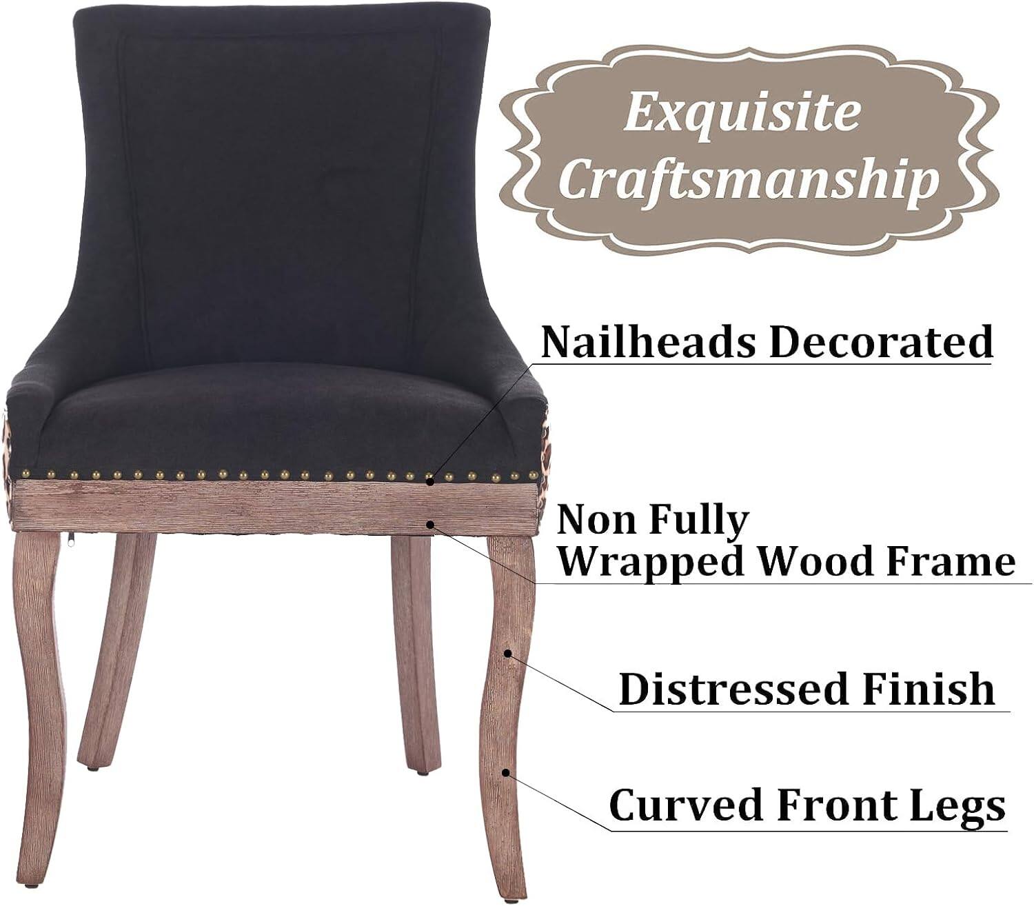 Exquisite Craftsmanship

Nailheads Decorated

Non Fully Wrapped Wood Frame

Distressed Finish

Curved Front Legs