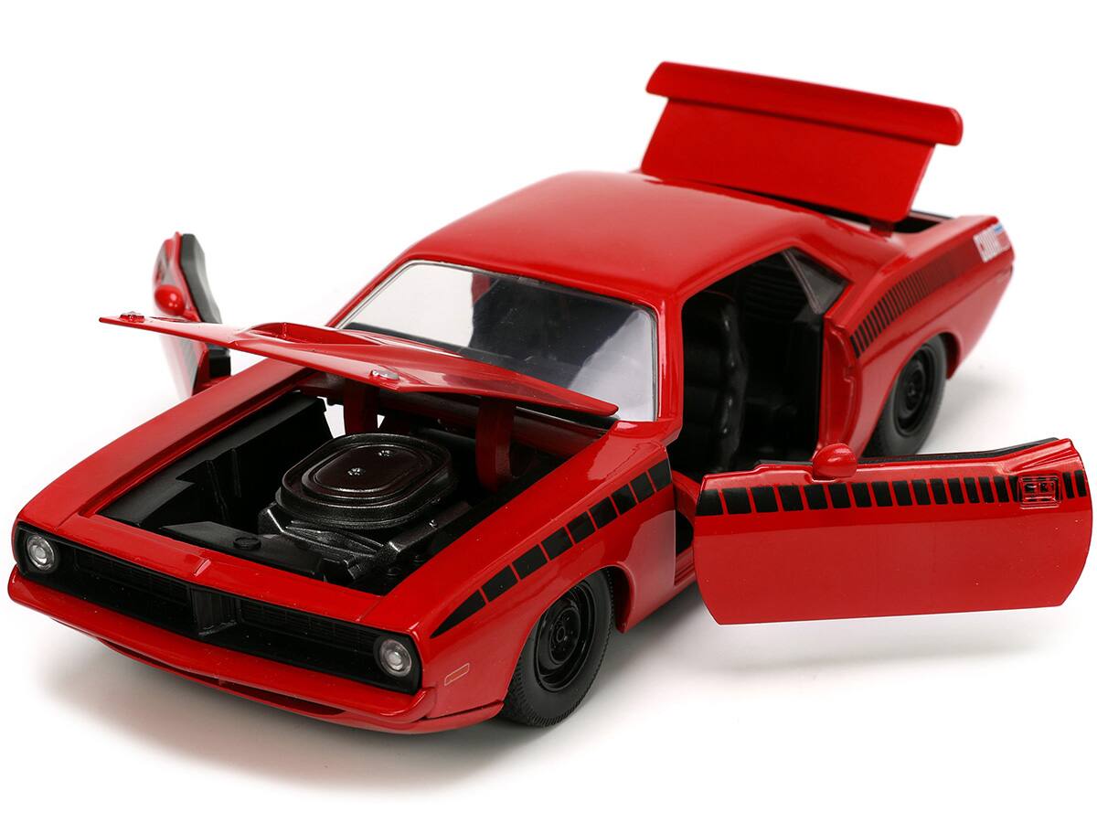 Angle. Jada - 1973 Plymouth Barracuda Red with Black Stripes "Bigtime Muscle" Series 1/24 Diecast Model Car by Jada - Red With Black.