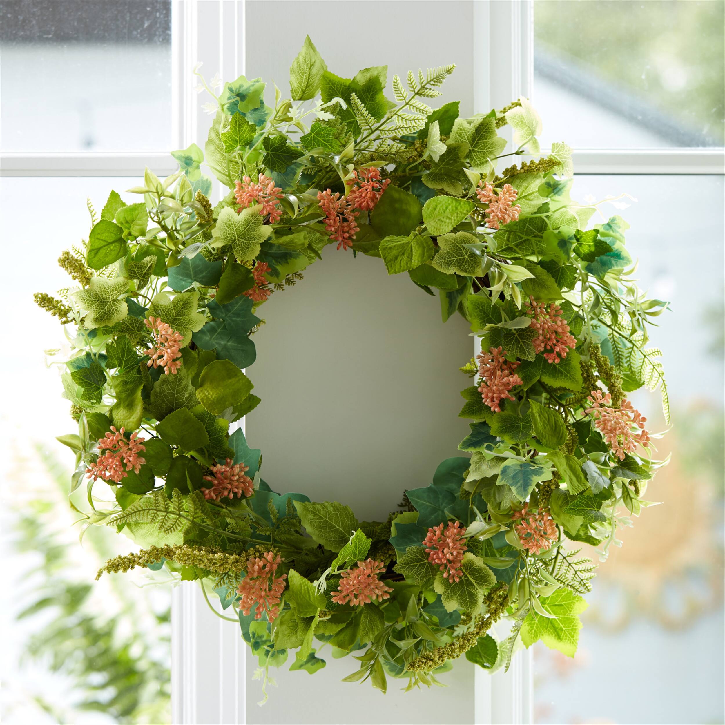 Back. BreeBe - Mixed Seeded Foliage Wreath 24"D - Green.