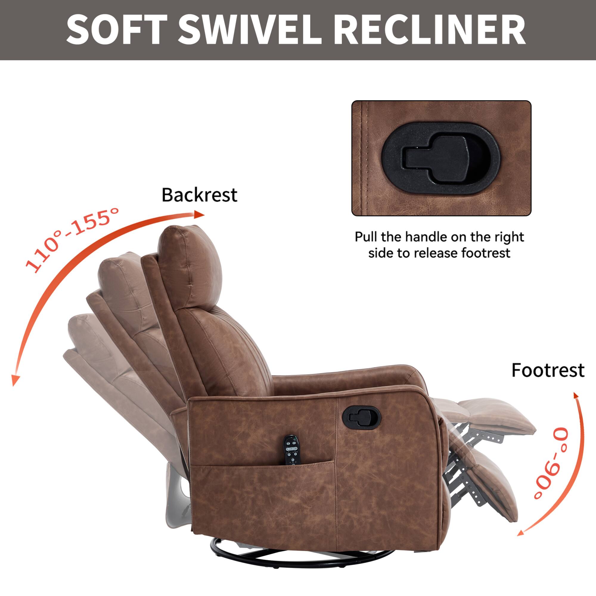 SOFT SWIVEL RECLINER

Backrest: 110°-155°

Pull the handle on the right side to release footrest

Footrest: 0°-60°