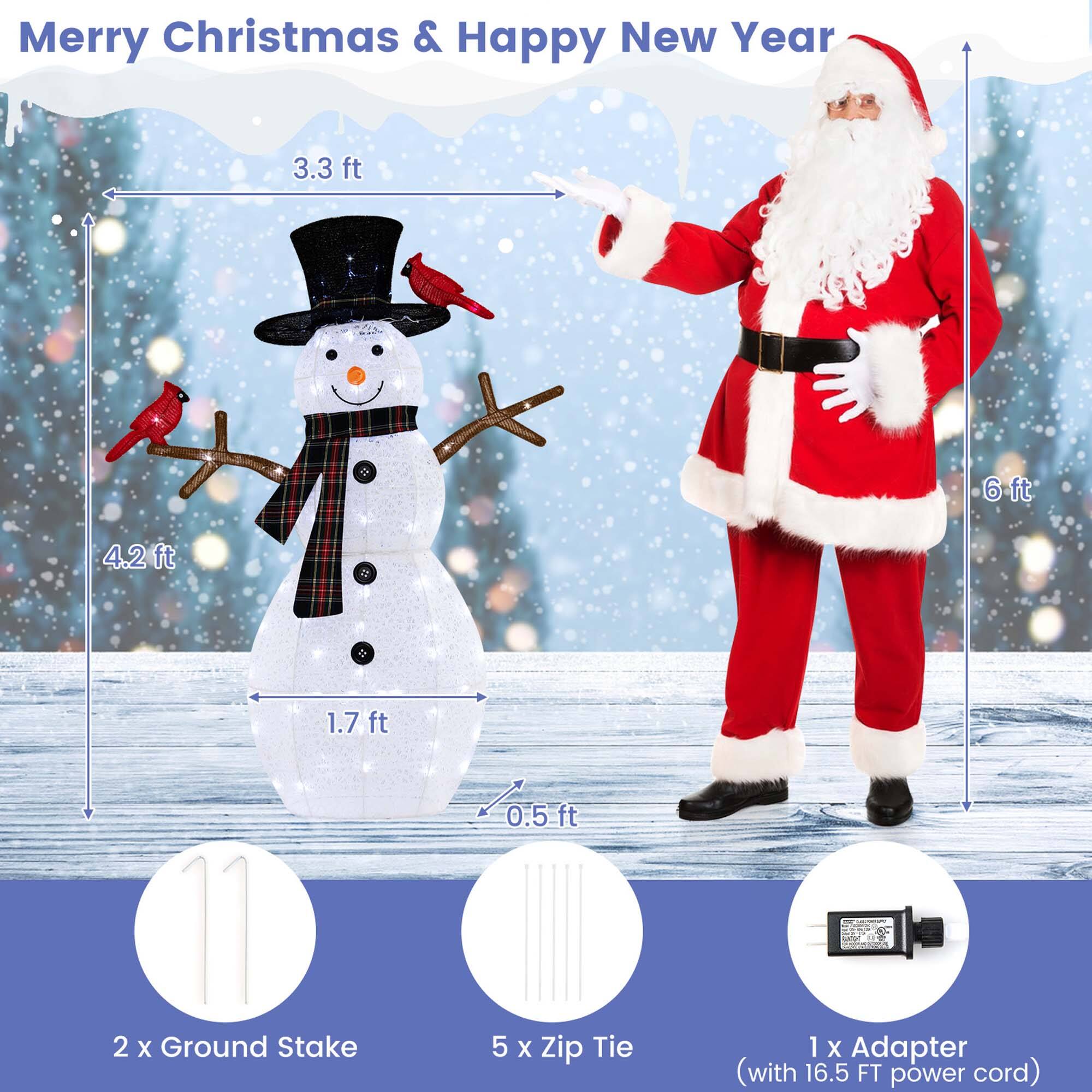 Merry Christmas & Happy New Year. 3.3 ft Santa Claus, 6 ft Snowman, 4.2 ft Santa Claus, 1.7 ft Snowman, 2 x Ground Stake, 0.5 ft Santa Claus, 5 x Zip Tie, 1 x Adapter (with 16.5 FT power cord).