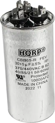 HQRPO CBB65-R FEV
# 30+5 µF ±5%
370/440VAC B S2
40/85/21 50/60Hz
IR Protected
10000AFC
E335070
MADE IN CHINA
2022 11