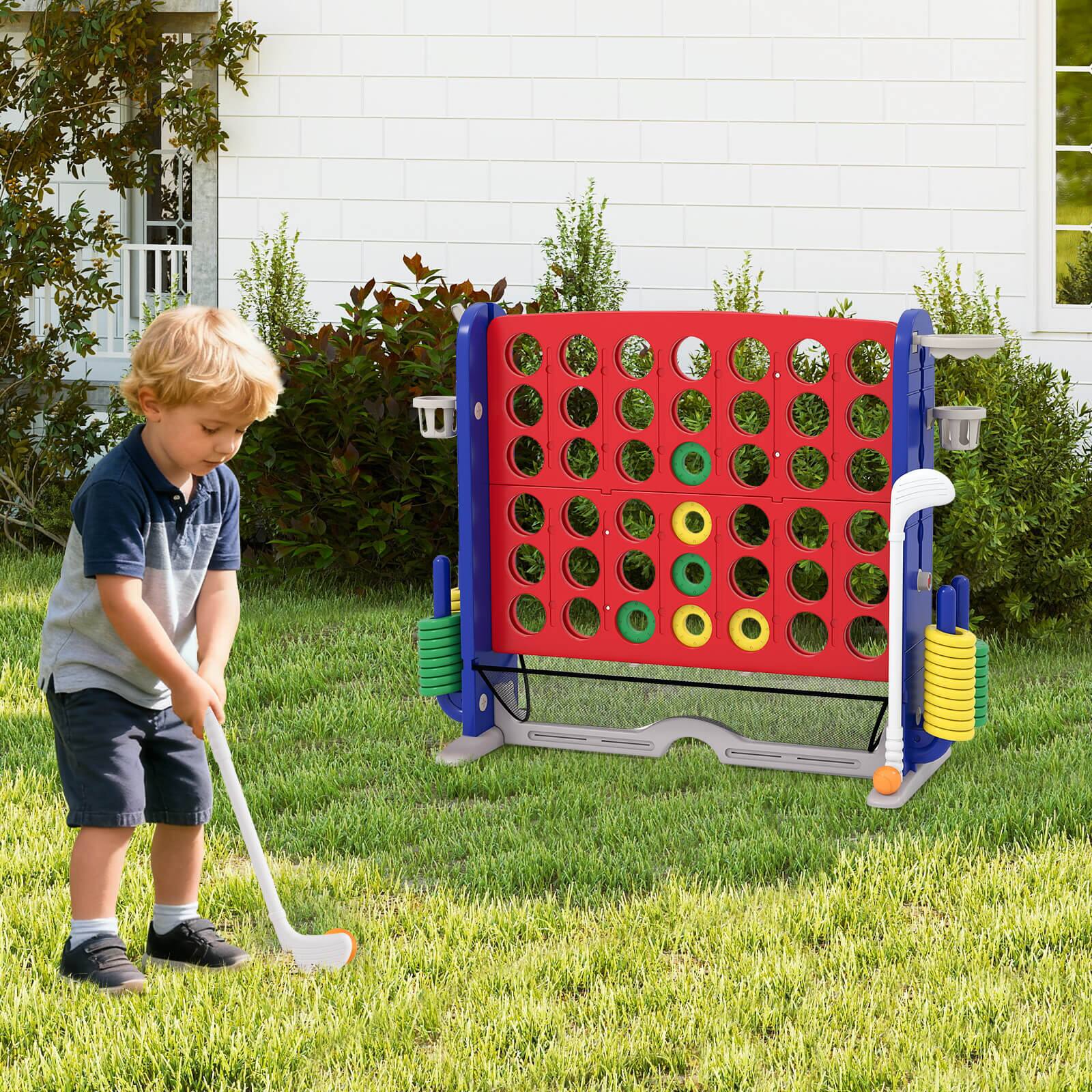 Alt View 3. Costway - Costway Giant 4-in-a-Row Game Set with Ring-toss, Basketball Hoop, Golf Club & Cup Holders - Red,Navy.
