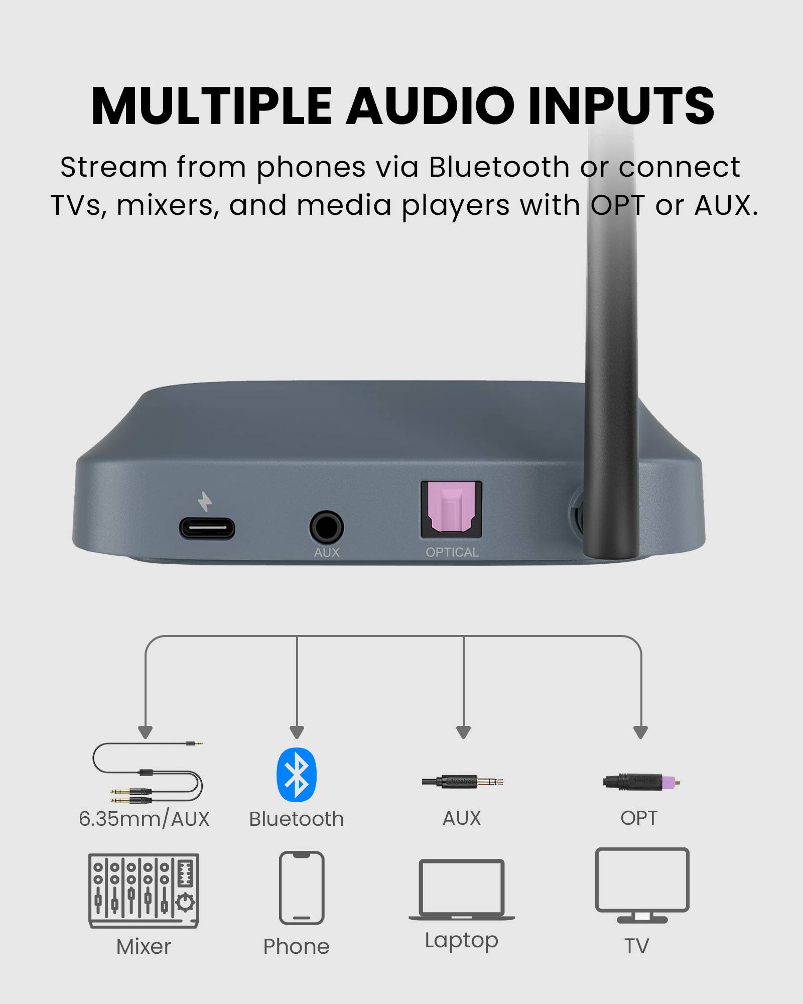 MULTIPLE AUDIO INPUTS  
Stream from phones via Bluetooth or connect TVs, mixers, and media players with OPT or AUX.

- 6.35mm/AUX
- Bluetooth
- AUX
- OPT

Mixer  
Phone  
Laptop  
TV