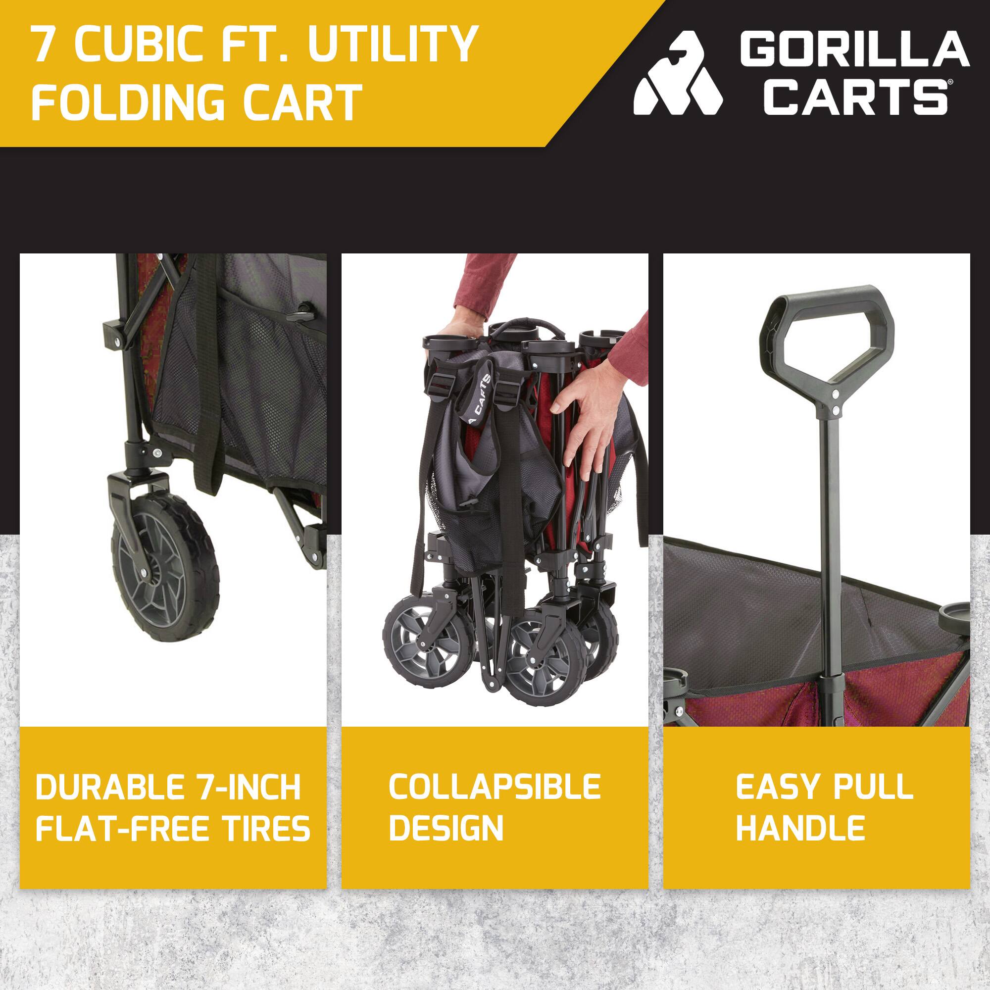 7 CUBIC FT. UTILITY FOLDING CART  
GORILLA CARTS  

- DURABLE 7-INCH FLAT-FREE TIRES  
- COLLAPSIBLE DESIGN  
- EASY PULL HANDLE