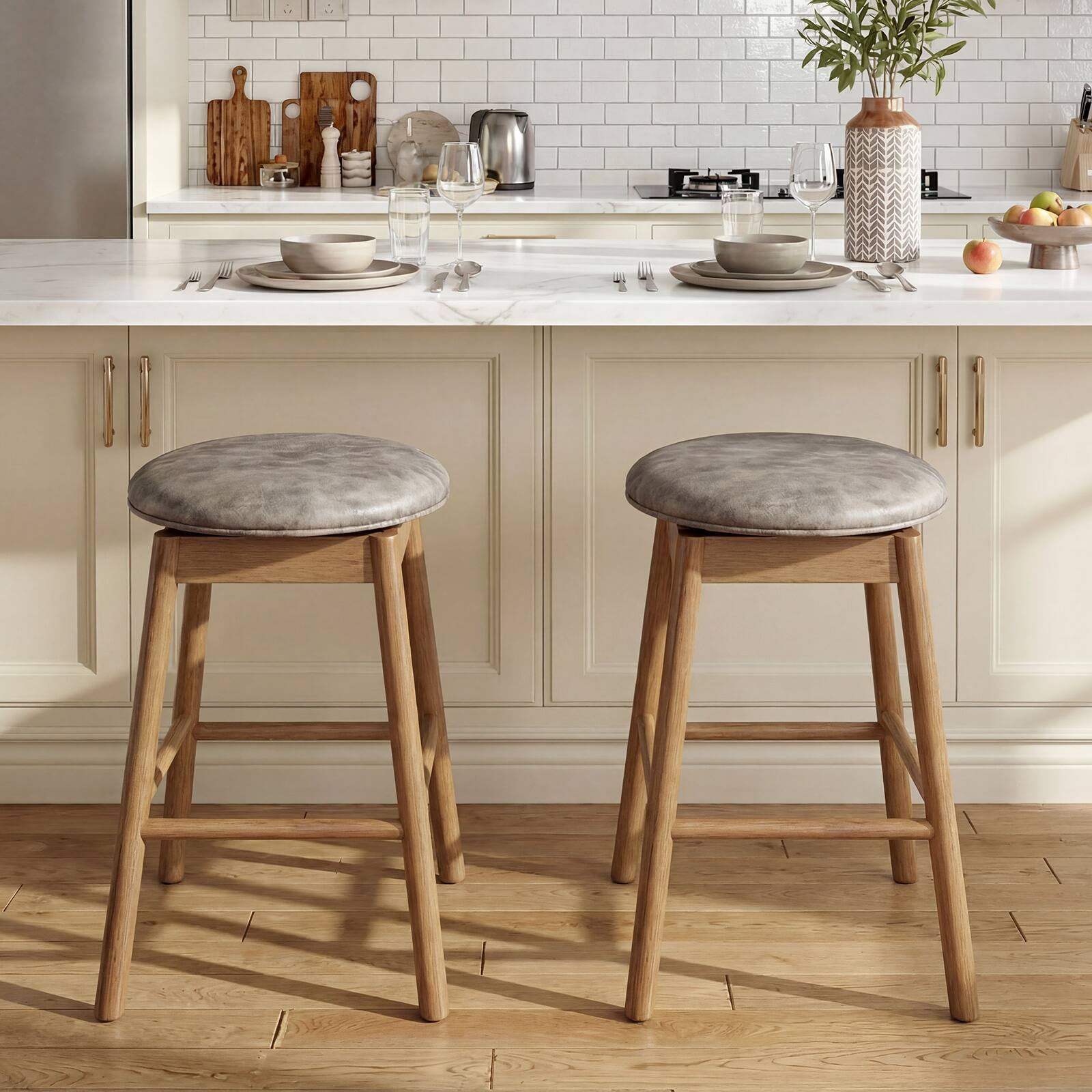Alt View 1. Gymax - Gymax 25'' Swivel Counter Height Barstools Set of 2 w/Solid Wood Legs and Footrests - Grey.