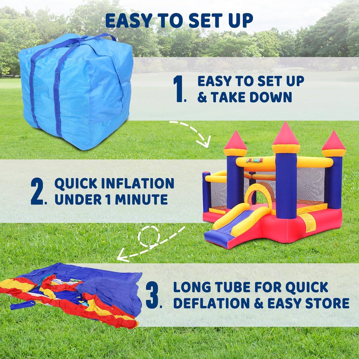 EASY TO SET UP

1. EASY TO SET UP & TAKE DOWN
2. QUICK INFLATION UNDER 1 MINUTE
3. LONG TUBE FOR QUICK DEFLATION & EASY STORE
