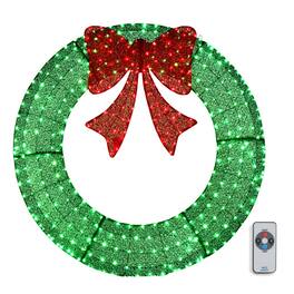 Winado - 48in Christmas Wreath Large Pre-Lit with LED Lights, Bows, Remote Control for Indoor Outdoor Holiday Party Decorations - Green/Red