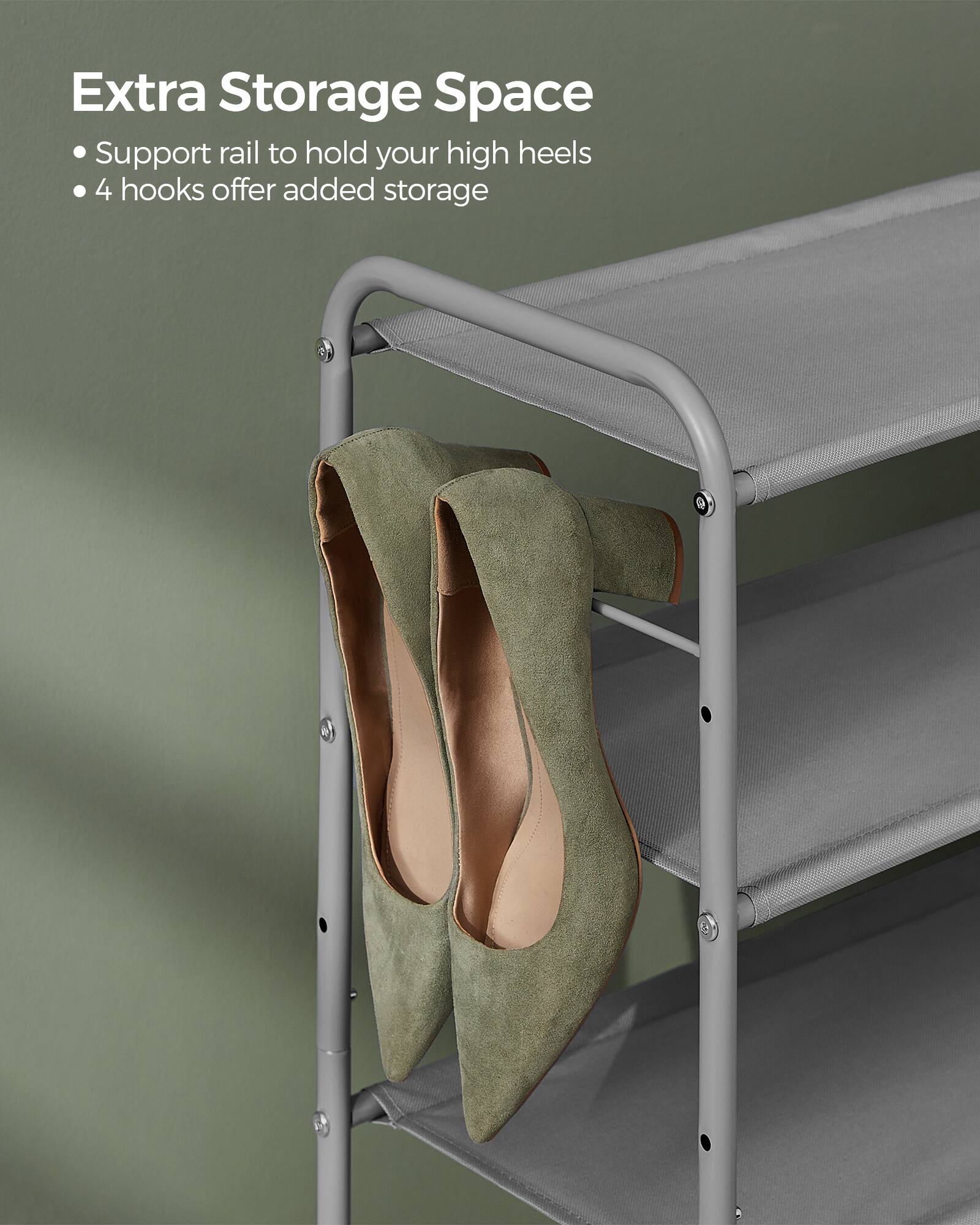 Extra Storage Space  
- Support rail to hold your high heels  
- 4 hooks offer added storage