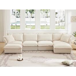 Meqiodas - L Shape Sectional Long Sofa Couch, 4 Seater Sofa with Suppleness Armrests, Chenille Couch for Living Room, Apartment - Cream(4+2)