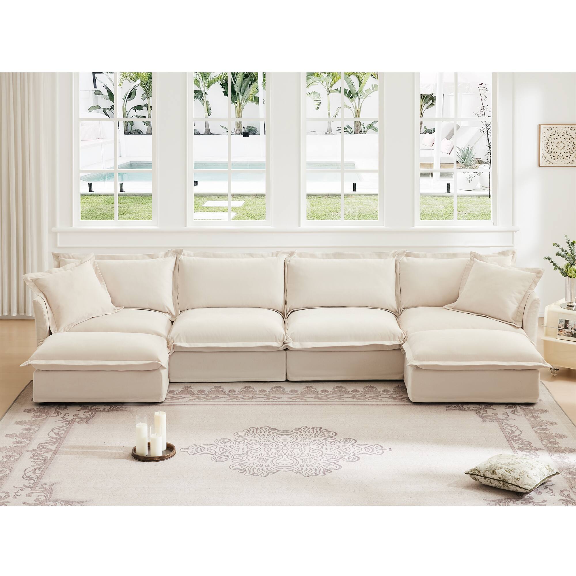 Front. Anysun - U-Shape Chenille Slipcovered Sectional - 4-Seat Wide Deep Seat, French Edges Design & Pillows for Living Room - White.