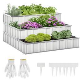 Outsunny - 3 Tier Raised Garden Bed Outdoor Metal Patio Planter Box with Gloves, 4' x 4' x 2' - White