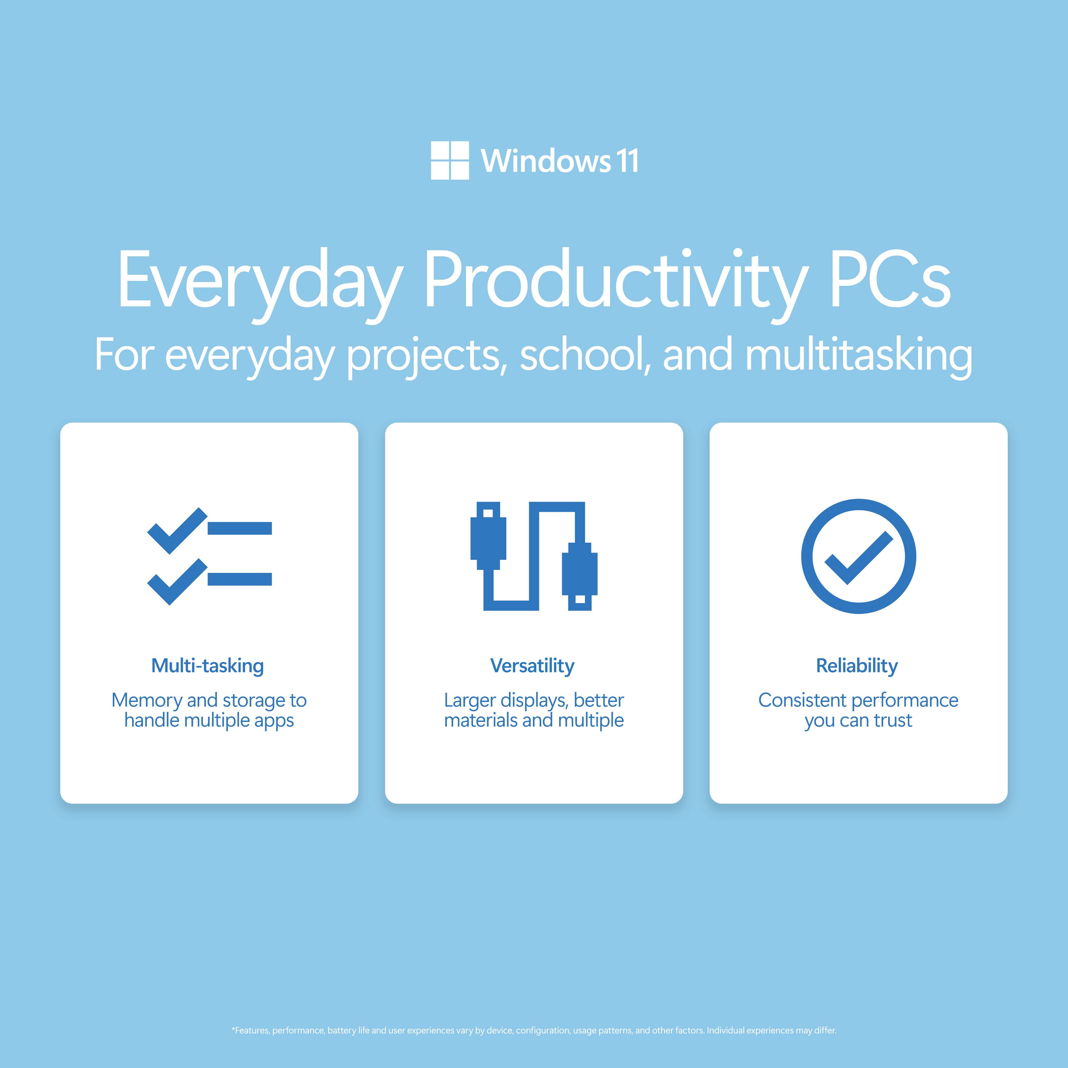 Windows 11 Everyday Productivity PCs

For everyday projects, school, and multitasking

Multi-tasking
Memory and storage to handle multiple apps

Versatility
Larger displays, better materials and multiple

Reliability
Consistent performance you can trust

*Features, performance, battery life and user experiences vary by device, configuration, usage patterns, and other factors. Individual experiences may differ.
