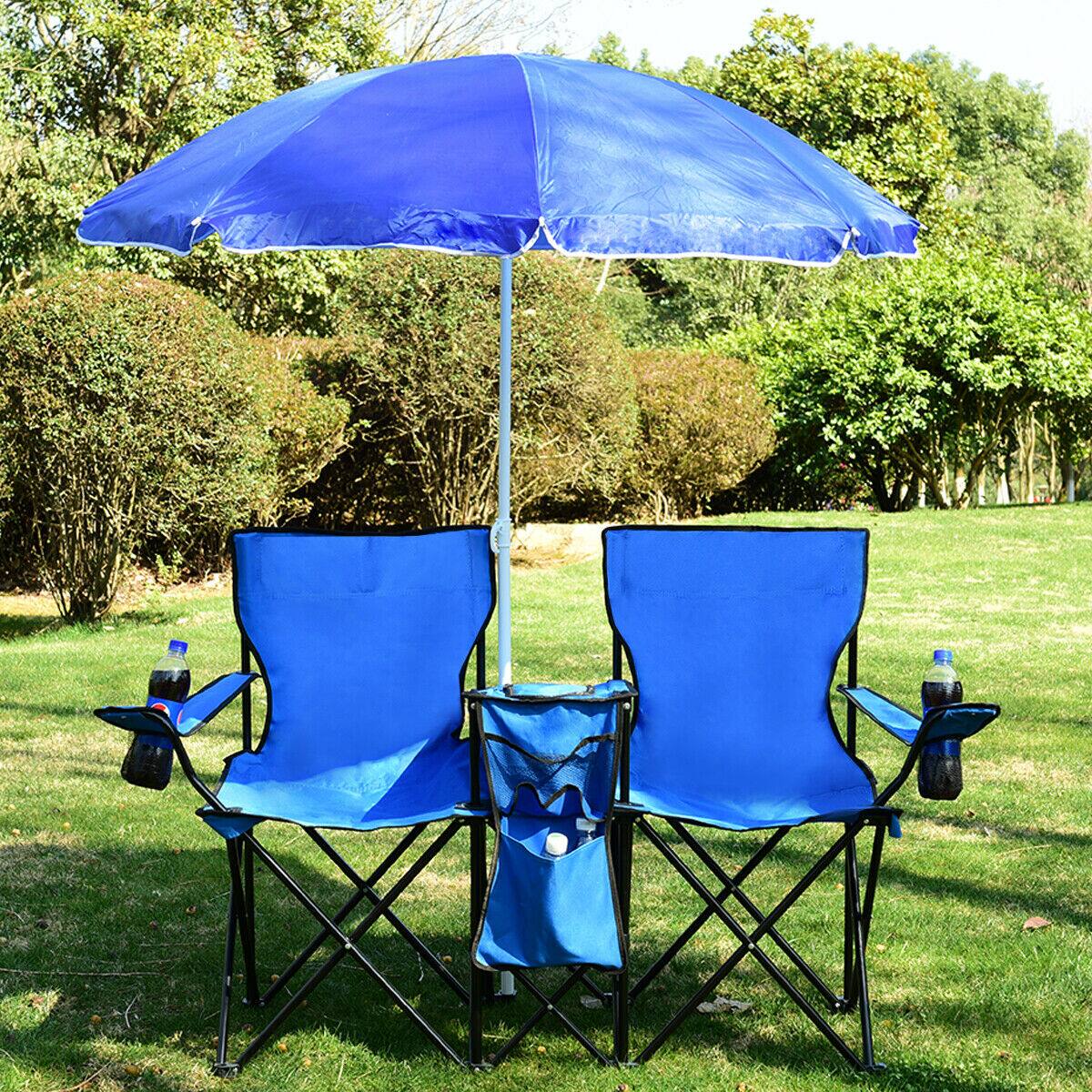 Angle. Costway - Portable Folding Picnic Double Chair W/Umbrella Table Cooler Beach Camping Chair - Blue.