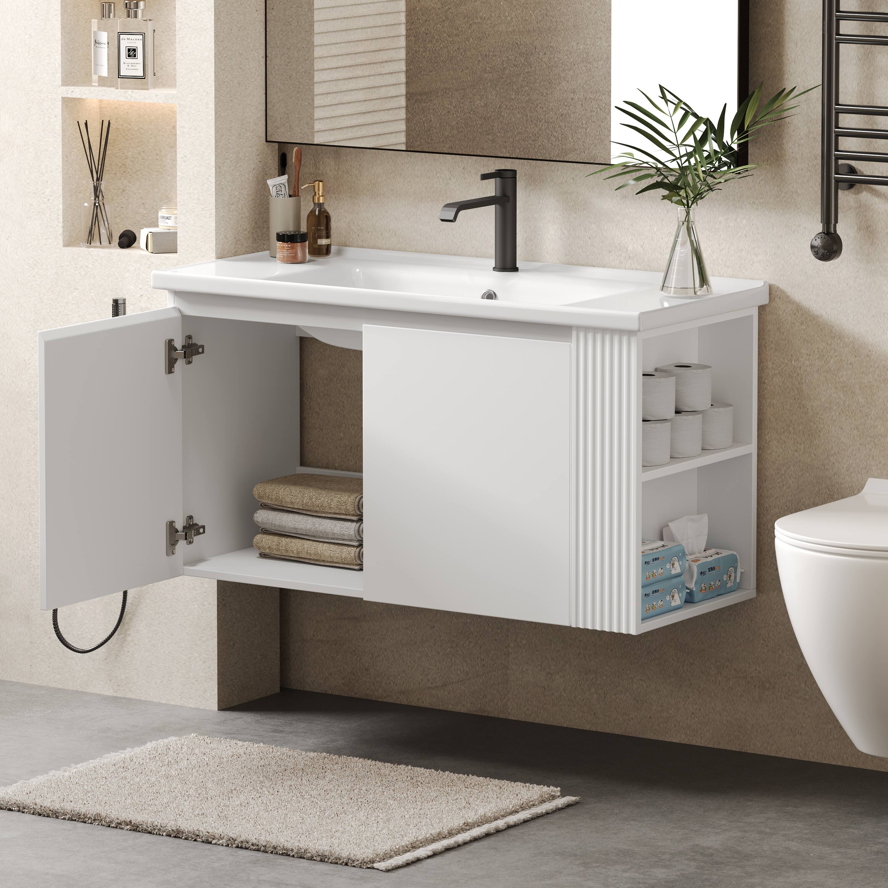 Left. Loheer - 3 ft Wall Mounted Bathroom Vanity with Ceramic Sink, Soft Close Doors and Side Shelves - White.