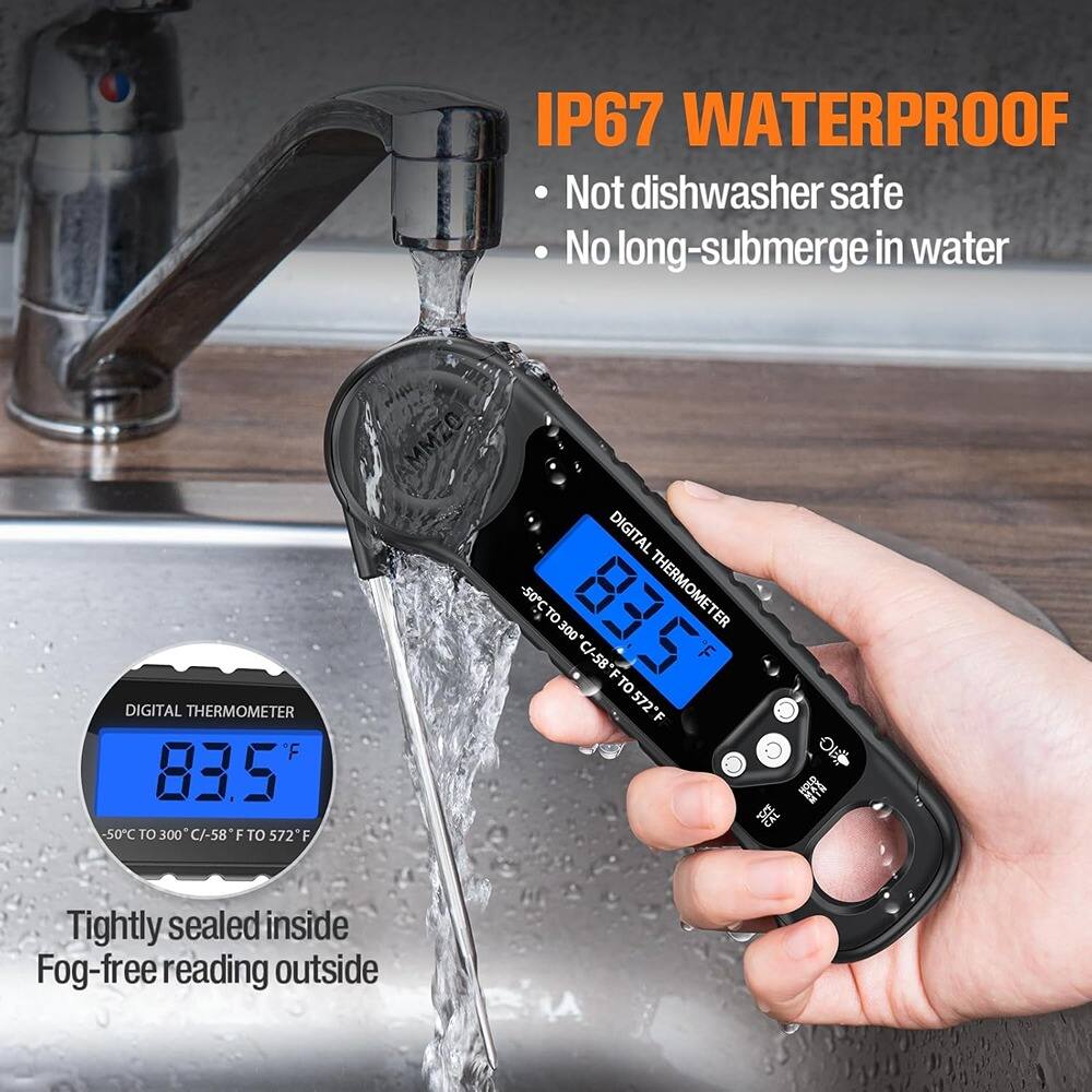 IP67 WATERPROOF  
- Not dishwasher safe  
- No long-submerge in water  

DIGITAL THERMOMETER  
-50°C TO 300°C / -58°F TO 572°F  

Tightly sealed inside  
Fog-free reading outside
