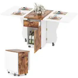 Costway - Folding Dining Table with Lockable Wheels, 2 Drawers & 2 Cabinets for Small Spaces - White + Rustic