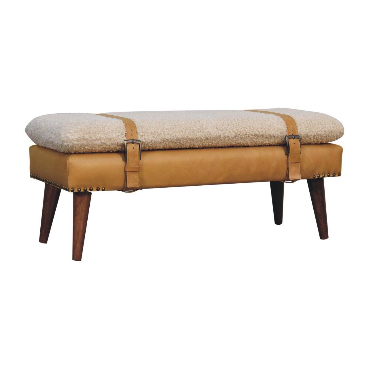 Back. Artisan Furniture - Artisan Furniture Solid Wood Boucle x Tan Leather Bench, Upholstered, Yellow & Cream - Yellow & Cream.