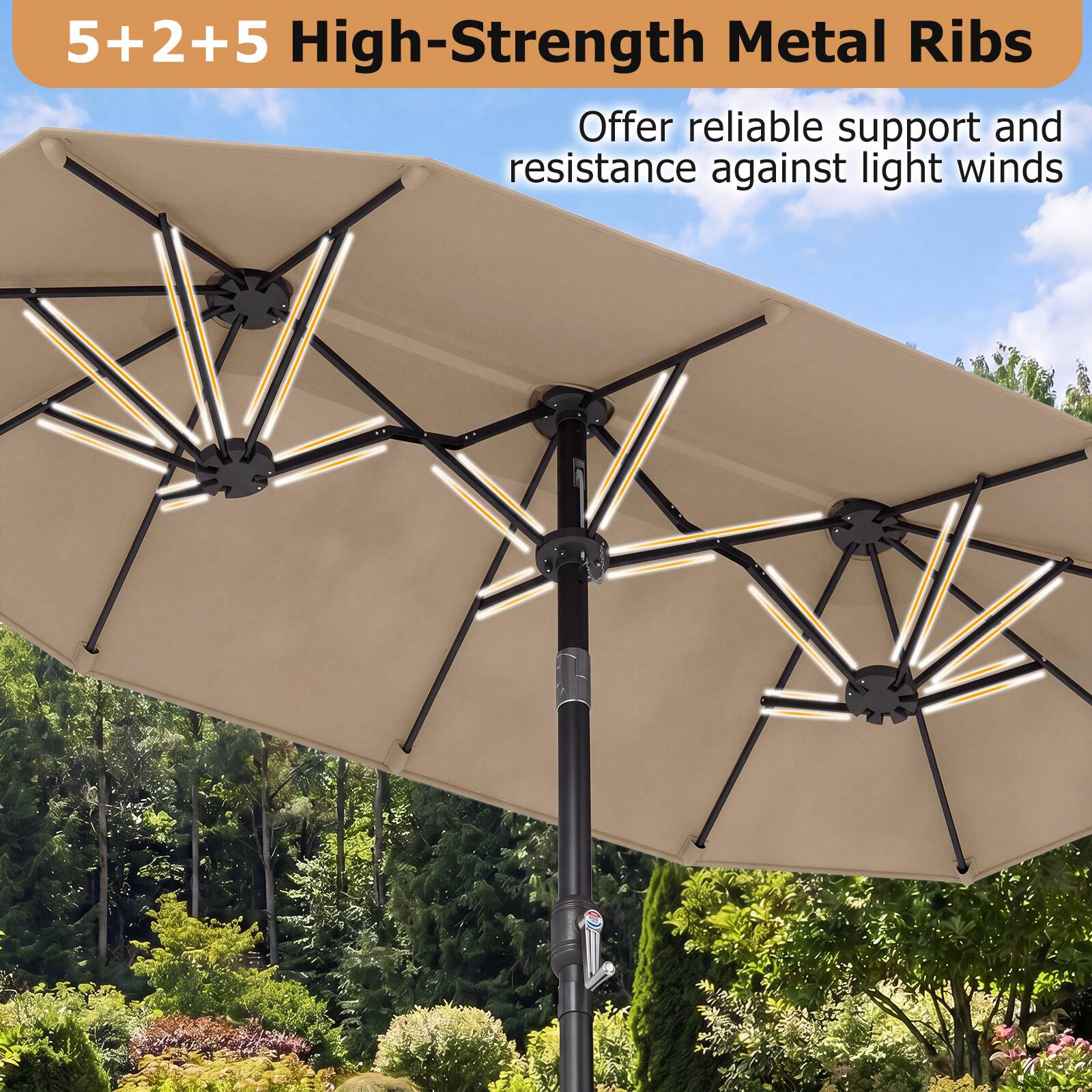 5+2+5 High-Strength Metal Ribs  
Offer reliable support and resistance against light winds