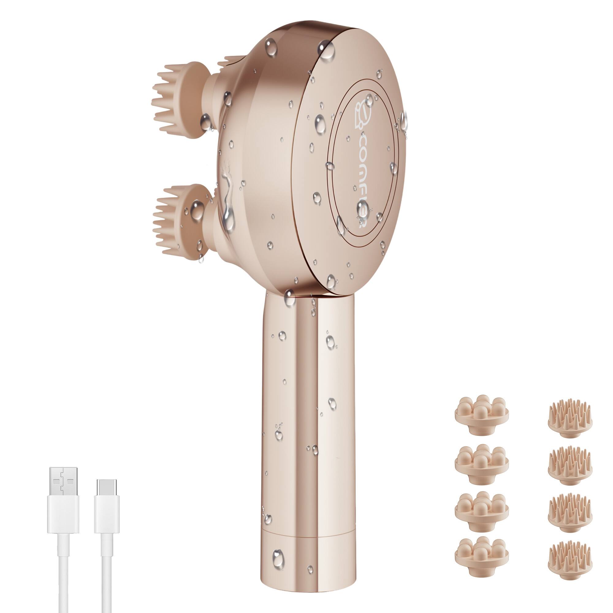 Angle. Comfier - Cordless Handheld Scalp Massager with 8 Silicone Claws - Gold.
