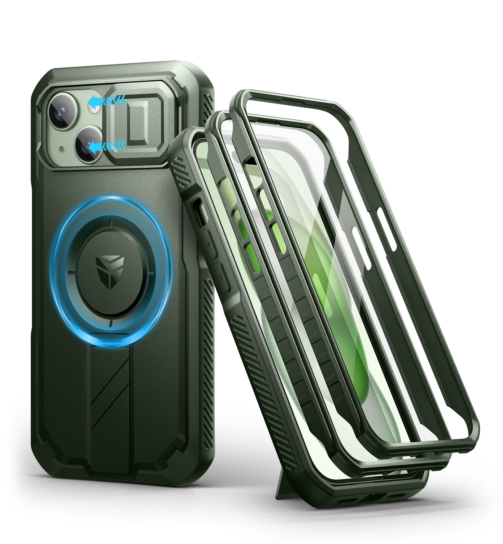 Front. dexnor - Dexnor iPhone 15 Case with Slide Camera Cover & Adjustable Kickstand & Built-in Screen Protector,Army Green - Army Green.
