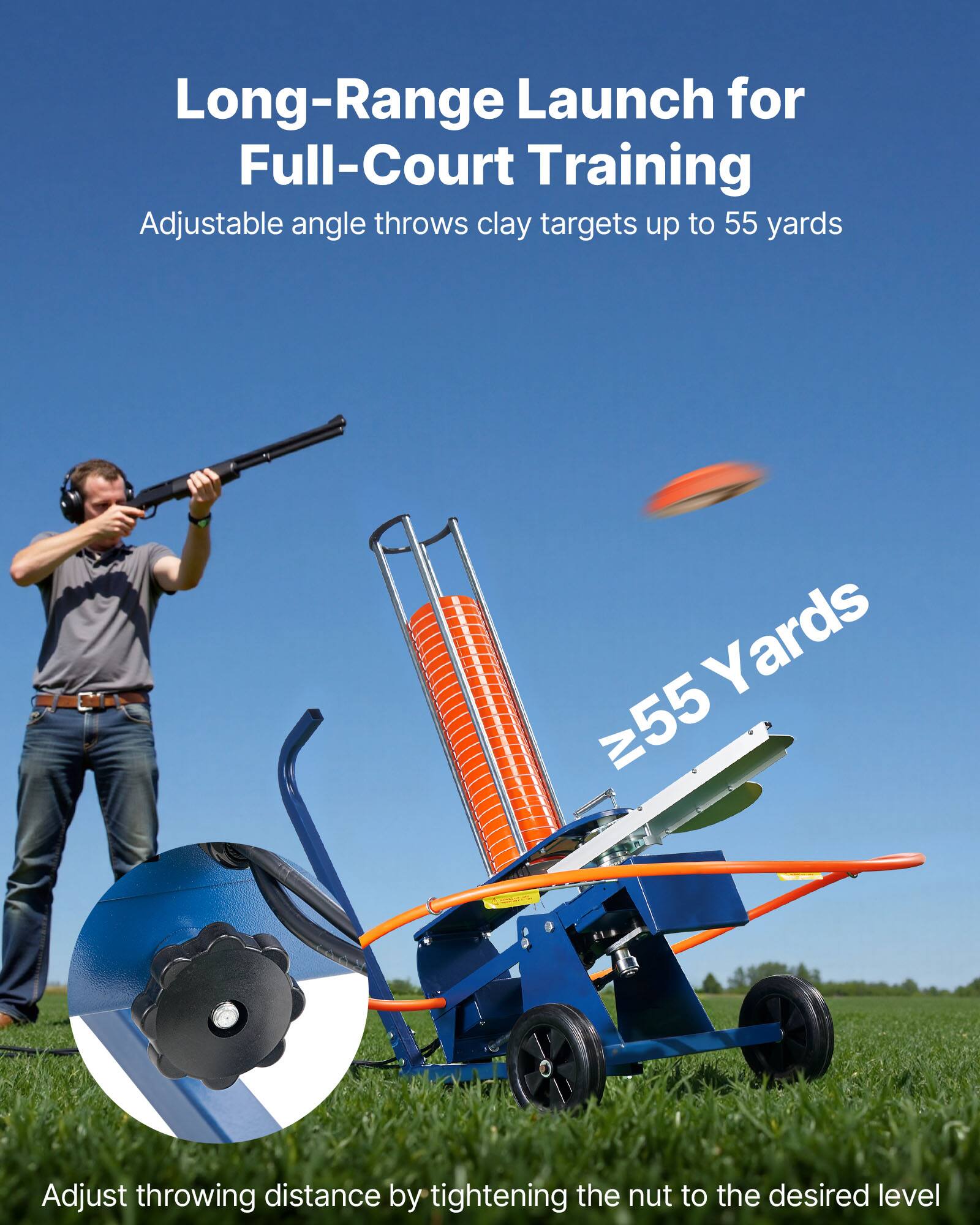 Long-Range Launch for Full-Court Training

Adjustable angle throws clay targets up to 55 yards

≥55 Yards

Adjust throwing distance by tightening the nut to the desired level