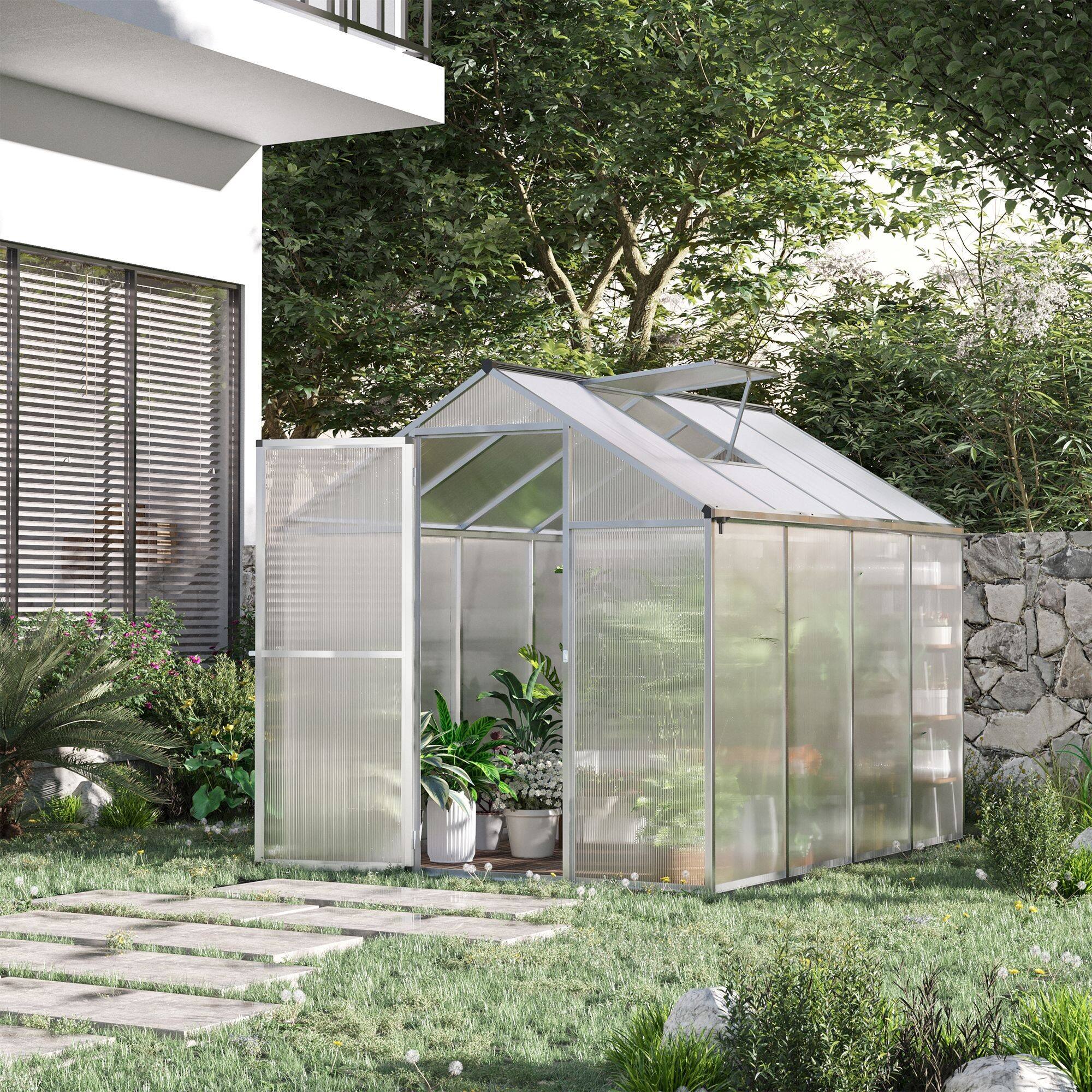 Alt View 1. Outsunny - 8' L x 6' W Walk-In Polycarbonate Greenhouse with Roof Vent for Ventilation & Rain Gutter for.