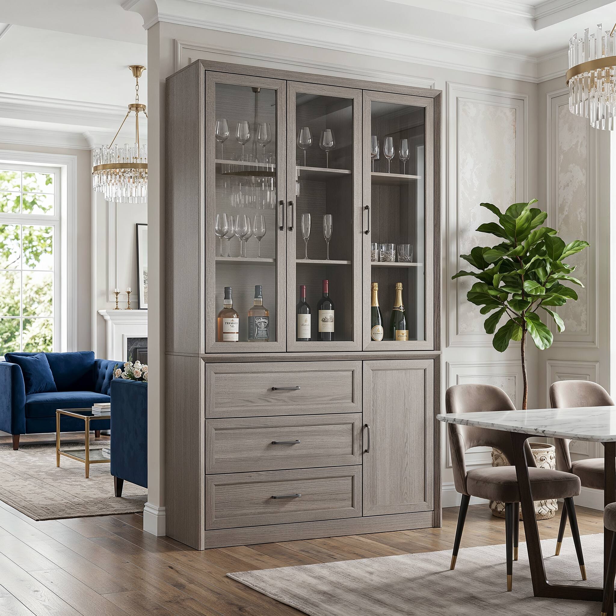 Left. FUFU & GAGA - Modern Grey Curio Cabinet with Glass Doors & Drawers, Dining Room Sideboard for Wine Glasses Storage, Anti-Tip - Gray.