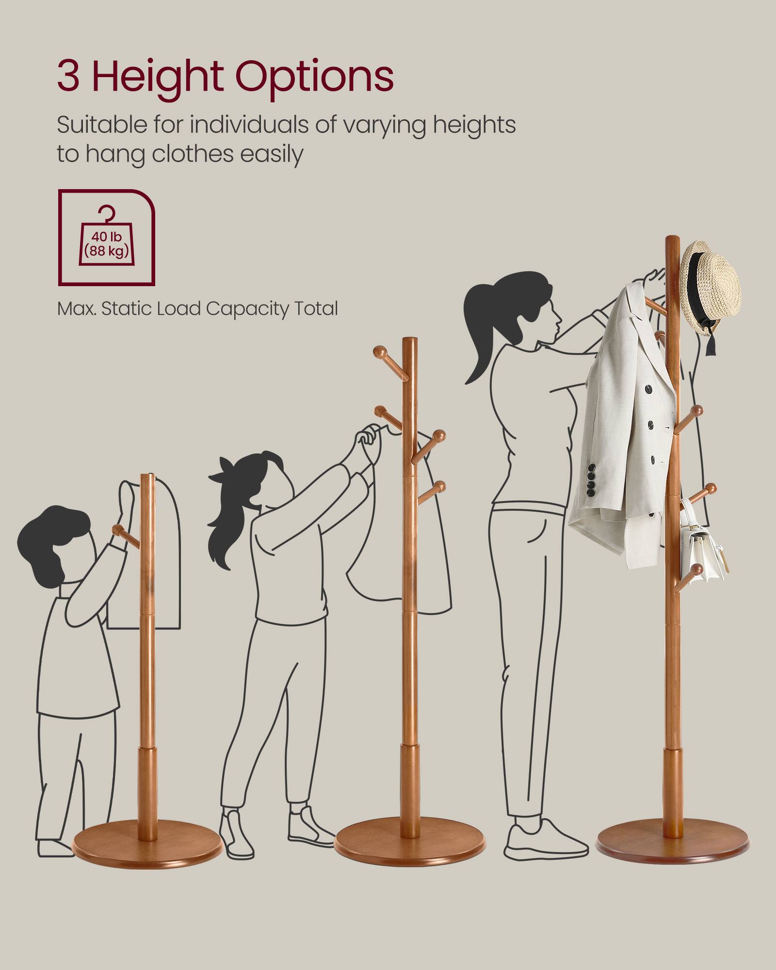 3 Height Options  
Suitable for individuals of varying heights to hang clothes easily  

40 lb (88 kg) Max. Static Load Capacity Total