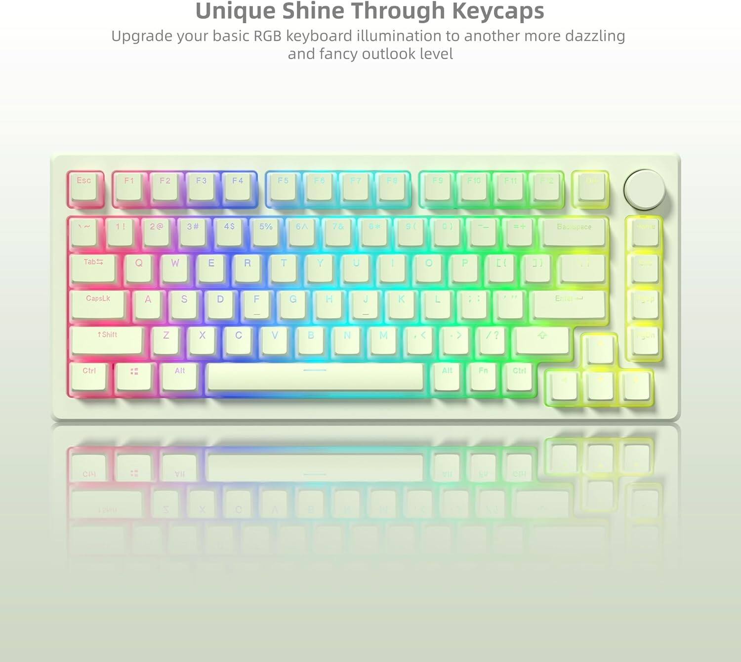 Unique Shine Through Keycaps  
Upgrade your basic RGB keyboard illumination to another more dazzling and fancy outlook level  

Esc F1 F2 F3 F4 F5 F6 F7 PB PS F10 F11  

1! 2@ 3# 4$ 5% 6^ 7& 8* 9( 0) - +  

Tab Q W E R T Y U I O P  

CapsLk A S D F G H J K L : ;  

Shift Z X C V B N M , . - /  

Ctrl Alt Fn Ctrl  

CI YI N LU em u x C A a d a
