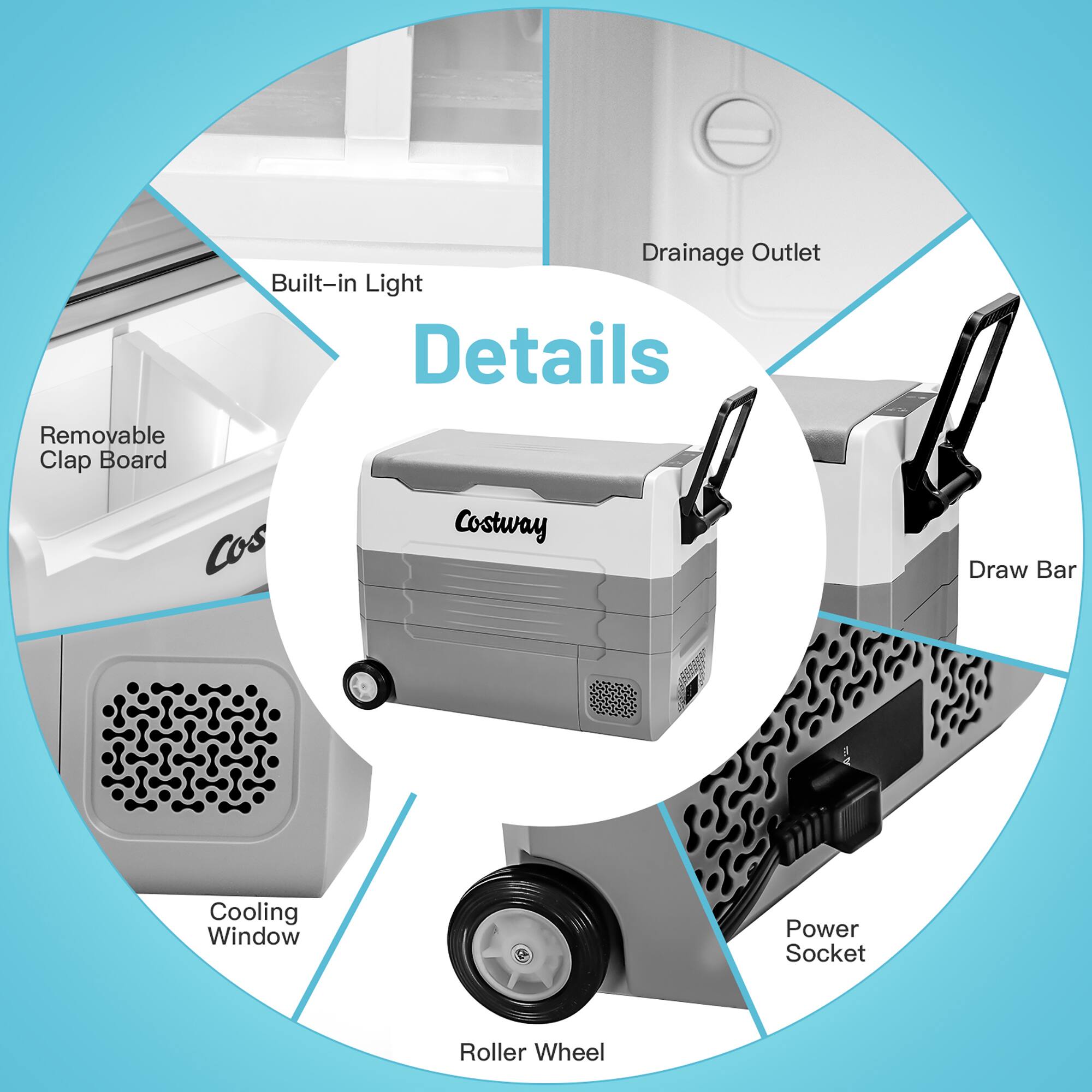 The text on the image is grouped as follows:

1. Removable Clap Board
2. Drainage Outlet
3. Built-in Light
4. Details
5. Cos Costway
6. Draw Bar
7. Cooling Window
8. Power Socket
9. Roller Wheel
