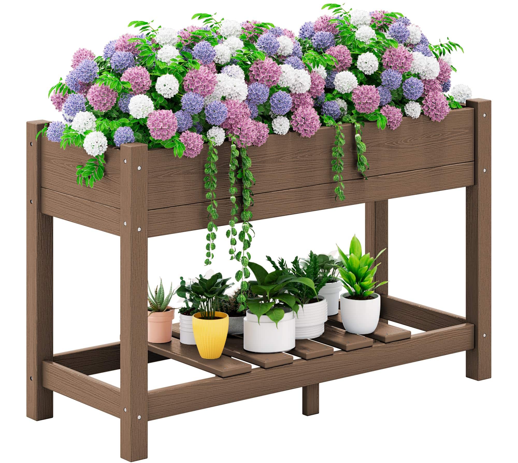 Front. SERWALL - SERWALL Raised Garden Bed with Legs-Brown,HDPE Elevated Planter with Storage Shelf & Drainage Holes - brown.