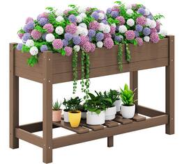 SERWALL - Raised Garden Bed with Legs-,HDPE Elevated Planter with Storage Shelf & Drainage Holes - Brown