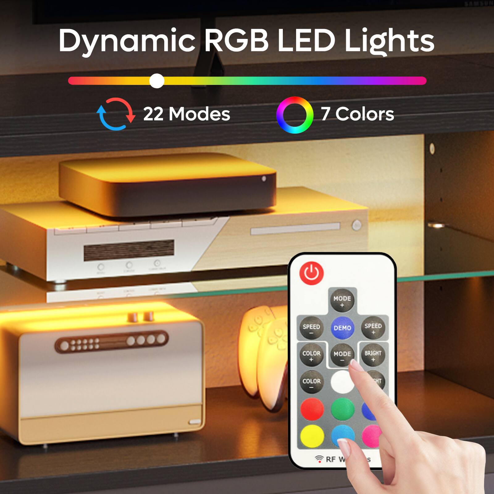 Dynamic RGB LED Lights 22 Modes 7 Colors: MODE + SPEED DEMO SPEED COLOR MODE I BRIGHT COLOR I SHT RF W S A