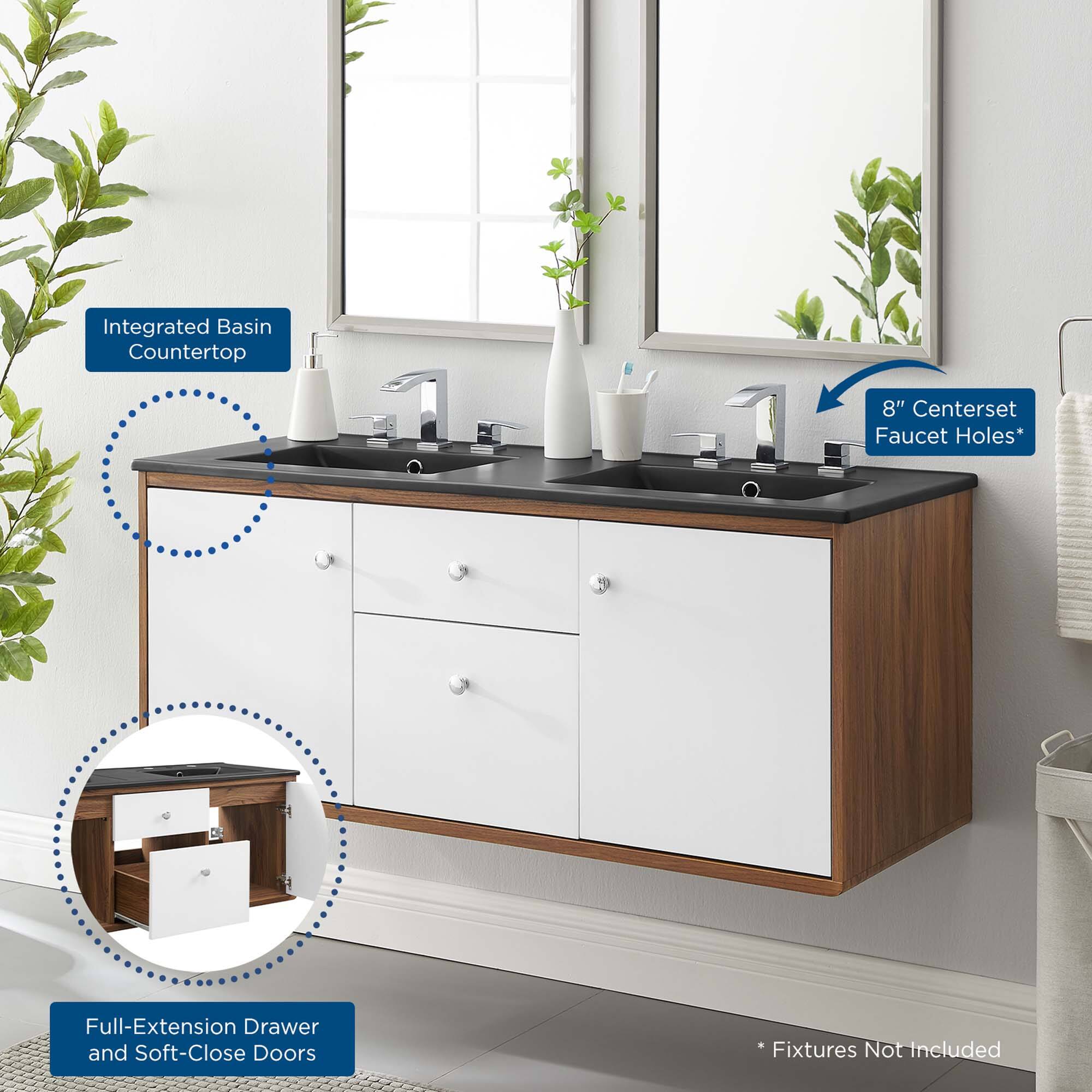 Integrated Basin Countertop  
8" Centerset Faucet Holes*  
Full-Extension Drawer and Soft-Close Doors  
*Fixtures Not Included