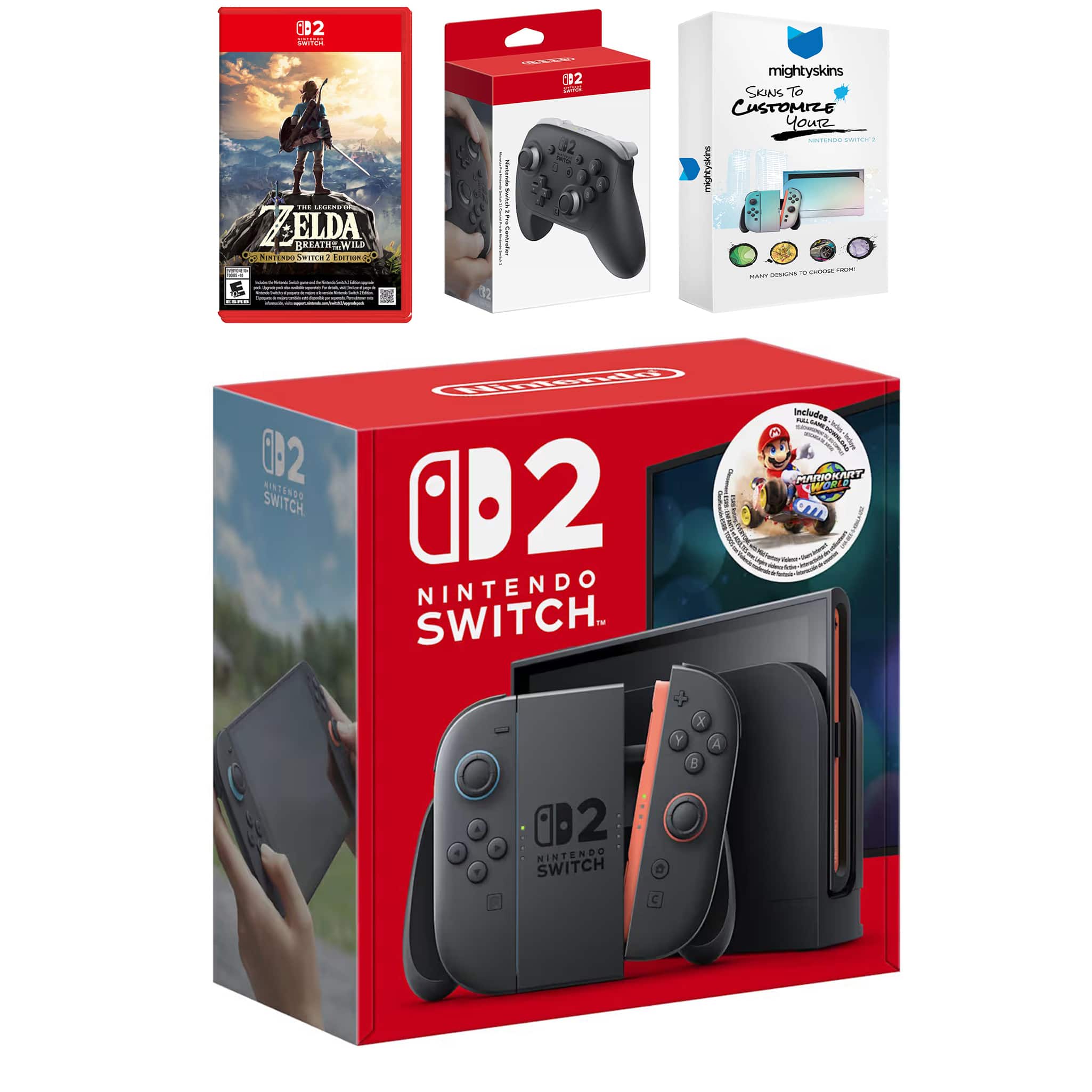 Switch 2 + Mario Kart World Bundle with Zelda Breath of the Wild, Pro Controller and MightySkins Code Bundle - Nintendo Switch 2