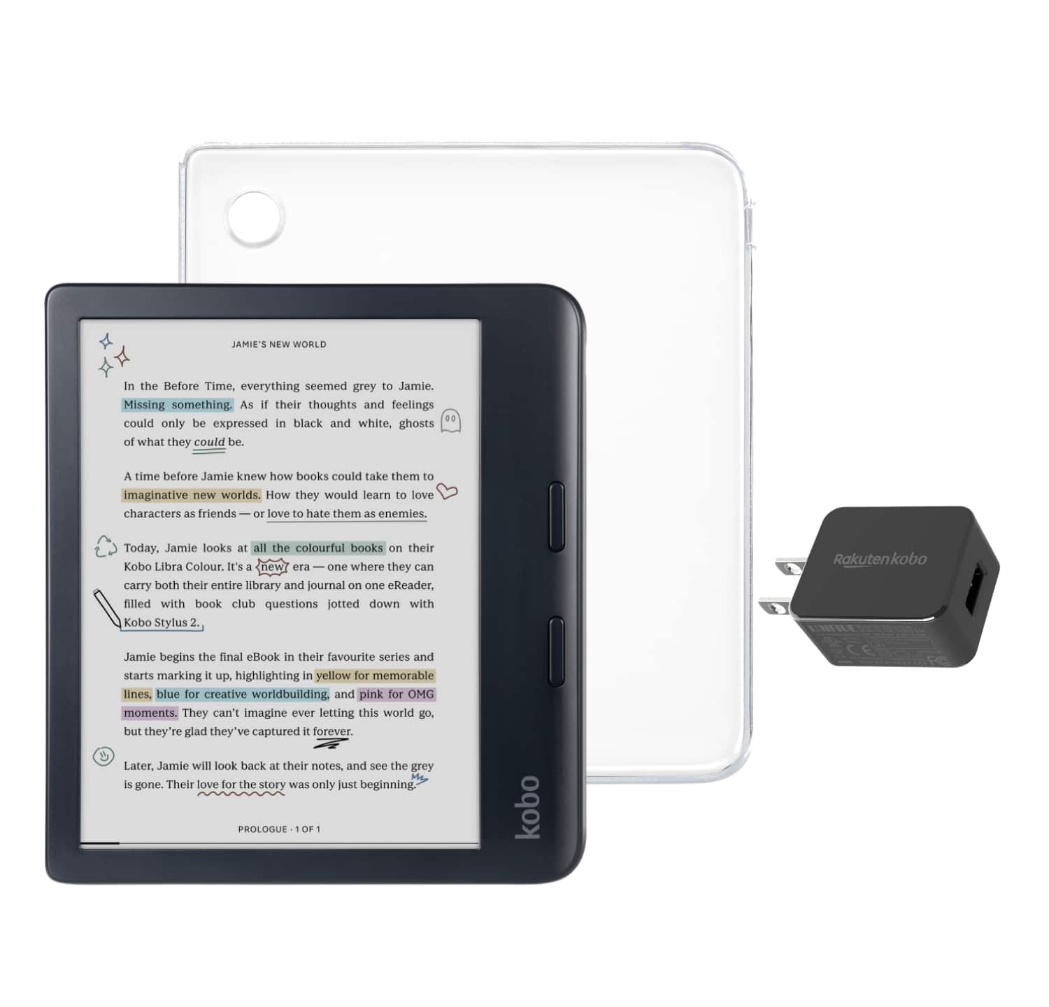 Kobo - Libra Colour eReader (Black) with and AC Bundle - 2024 - Clear Case